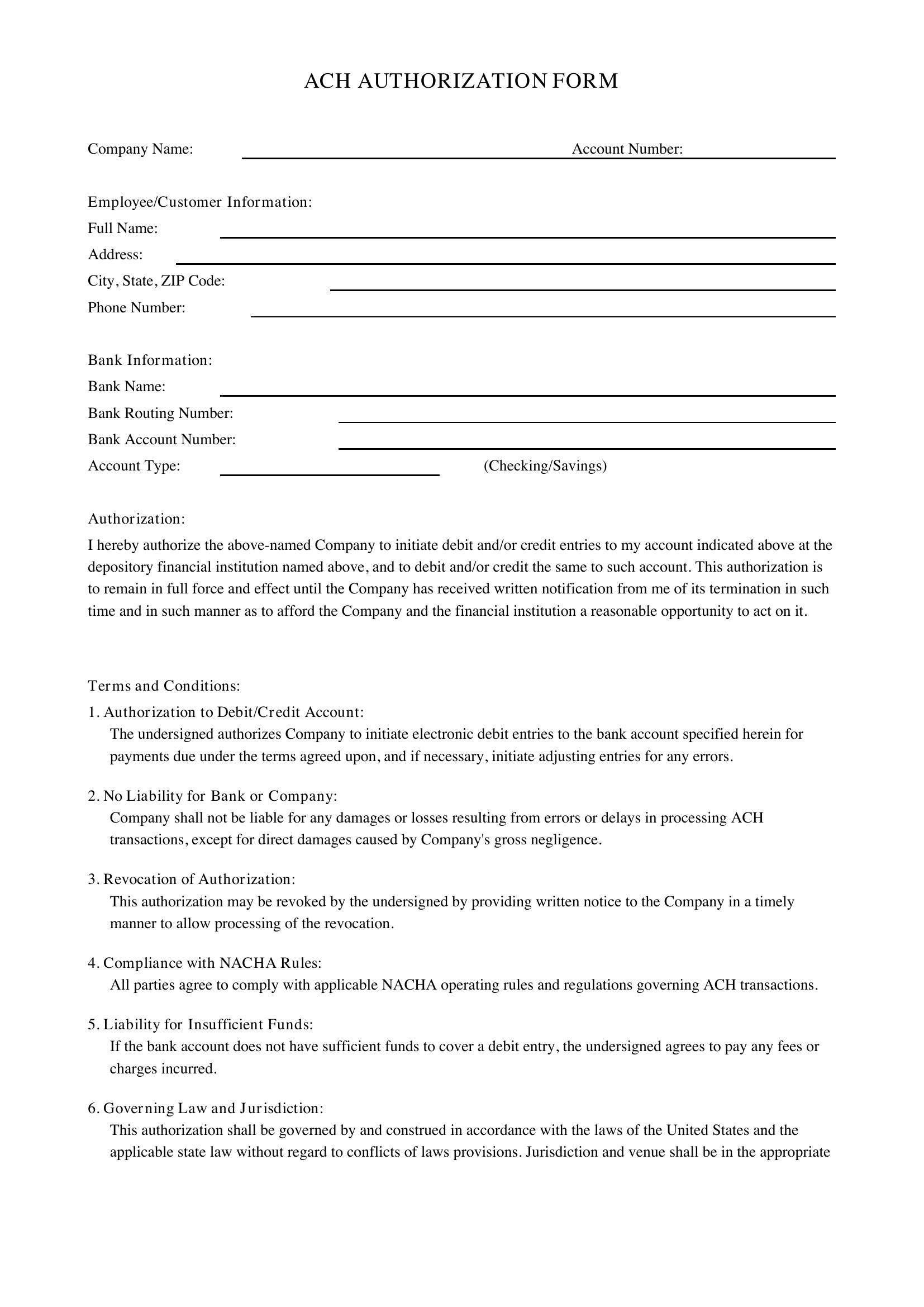 Ach Authorization Form Template