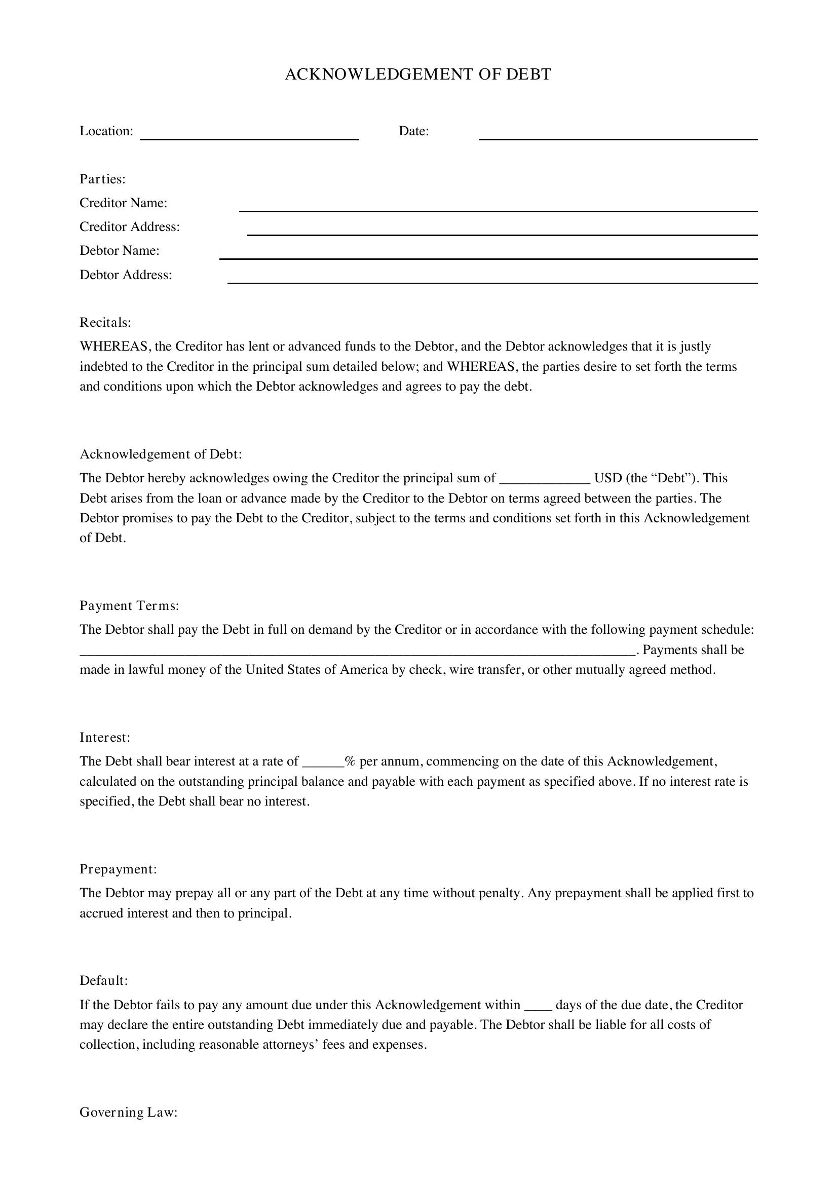 Acknowledgement Of Debt Template
