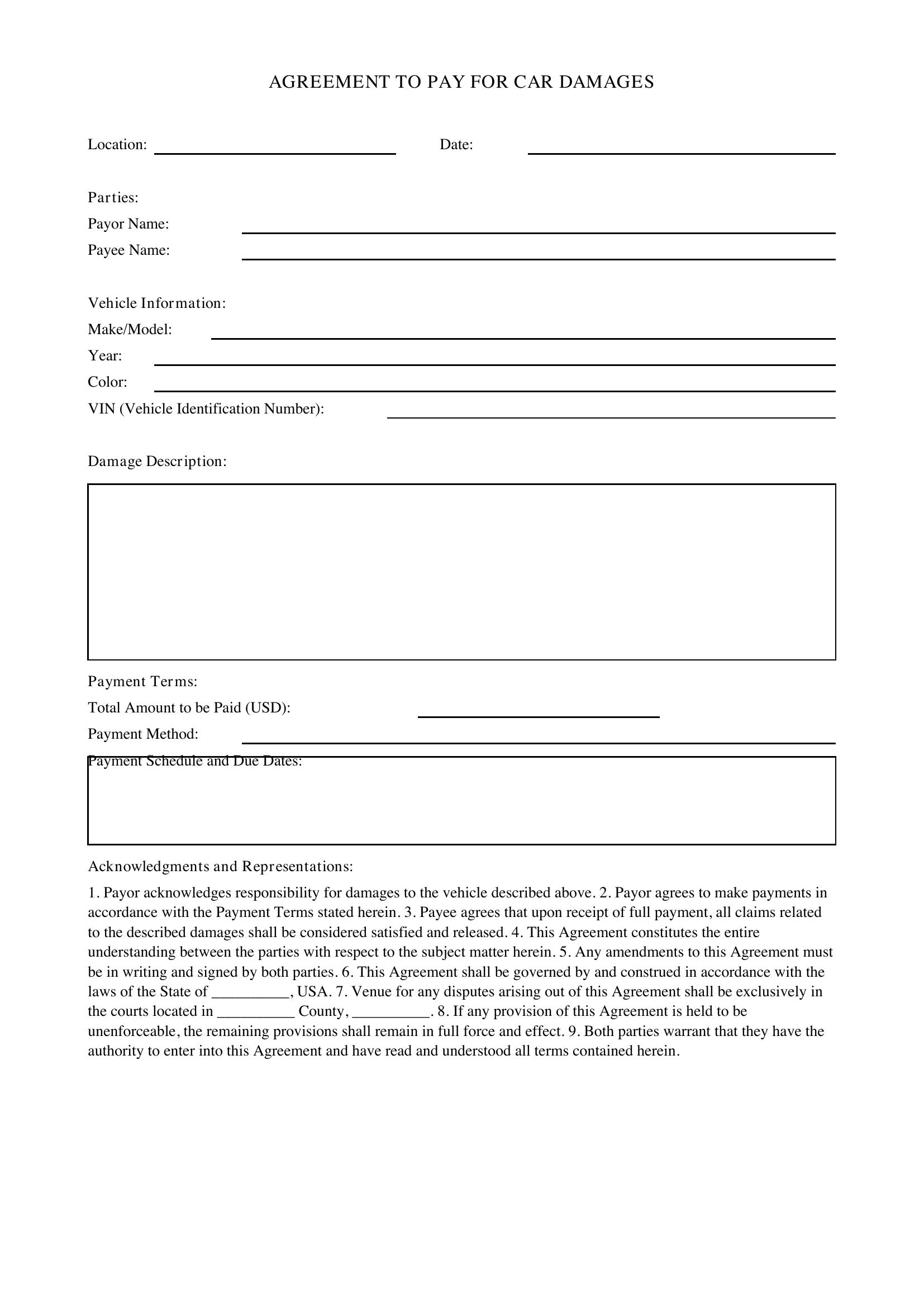Agreement To Pay For Car Damages Template