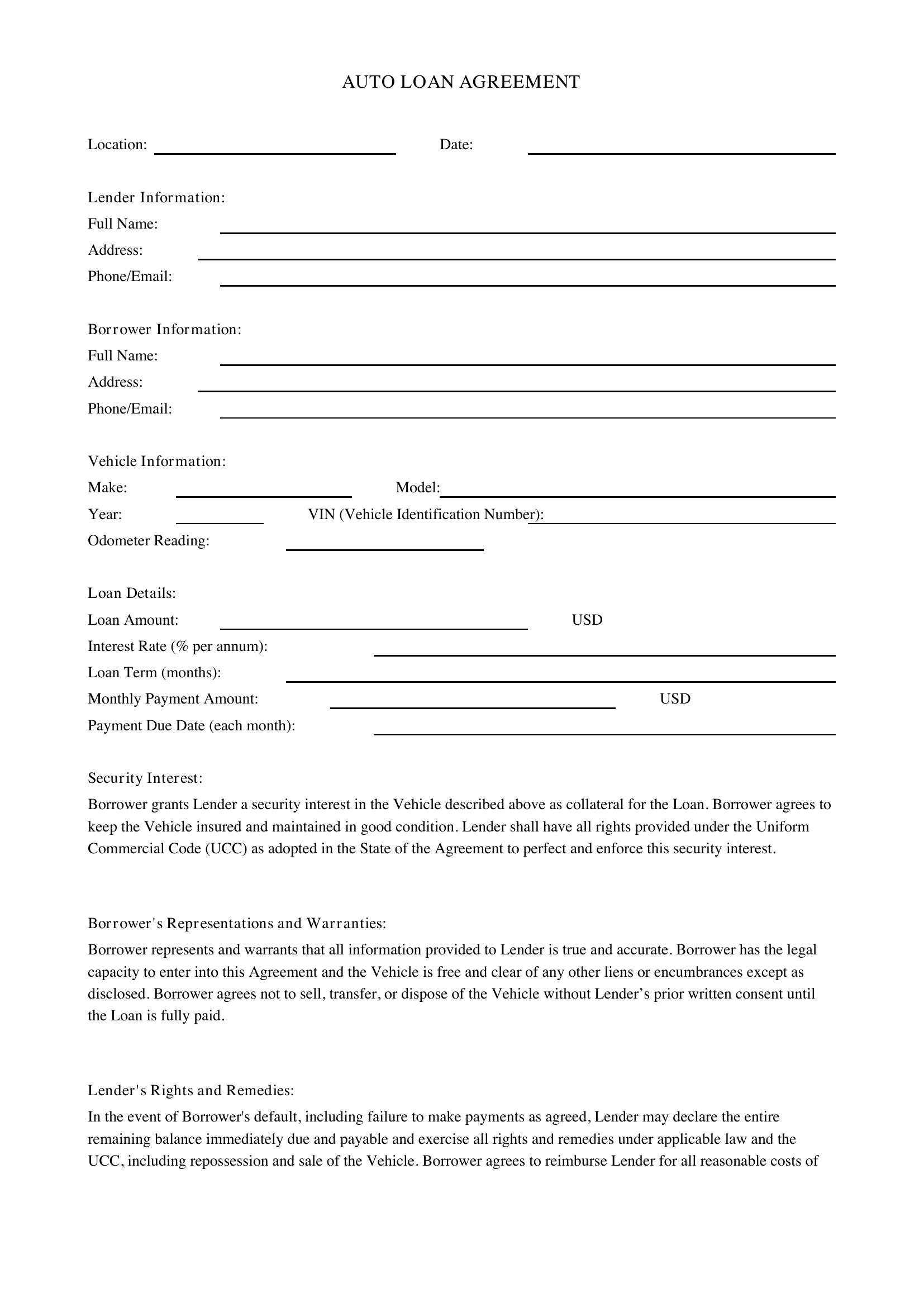 Auto Loan Agreement Template