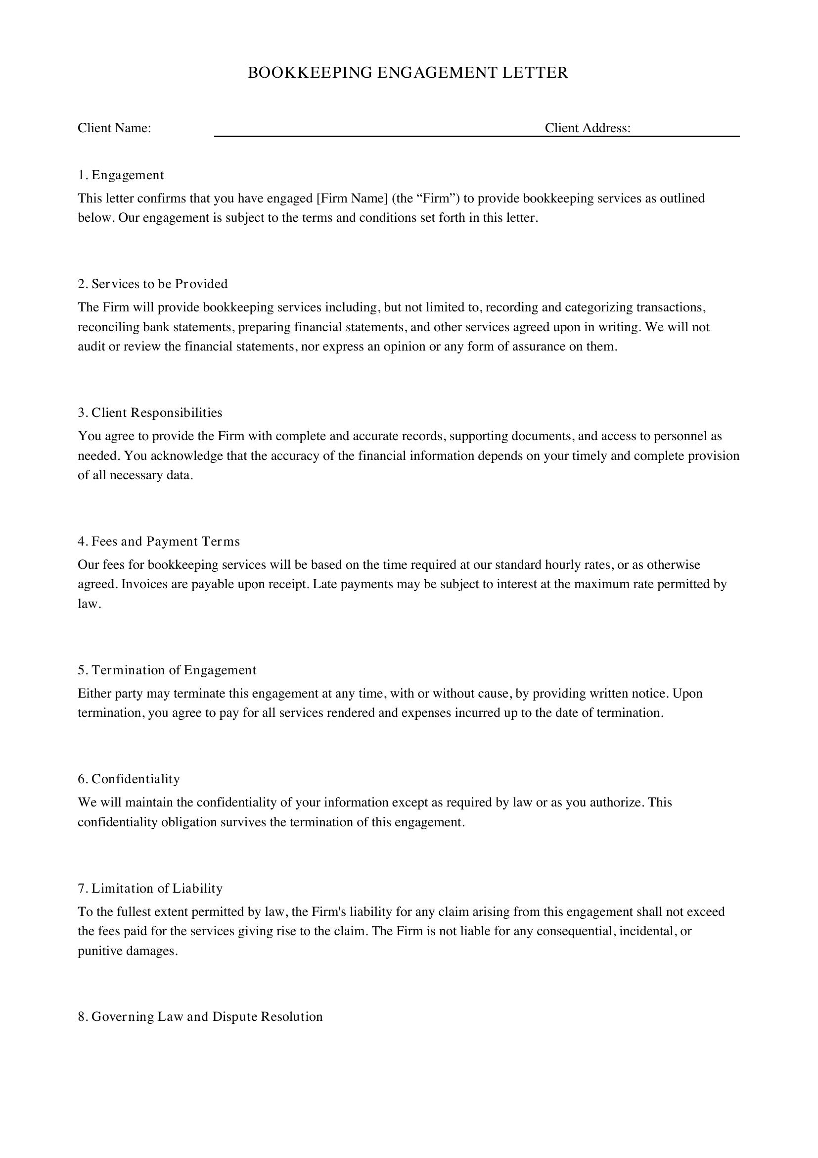 Bookkeeping Engagement Letter Template