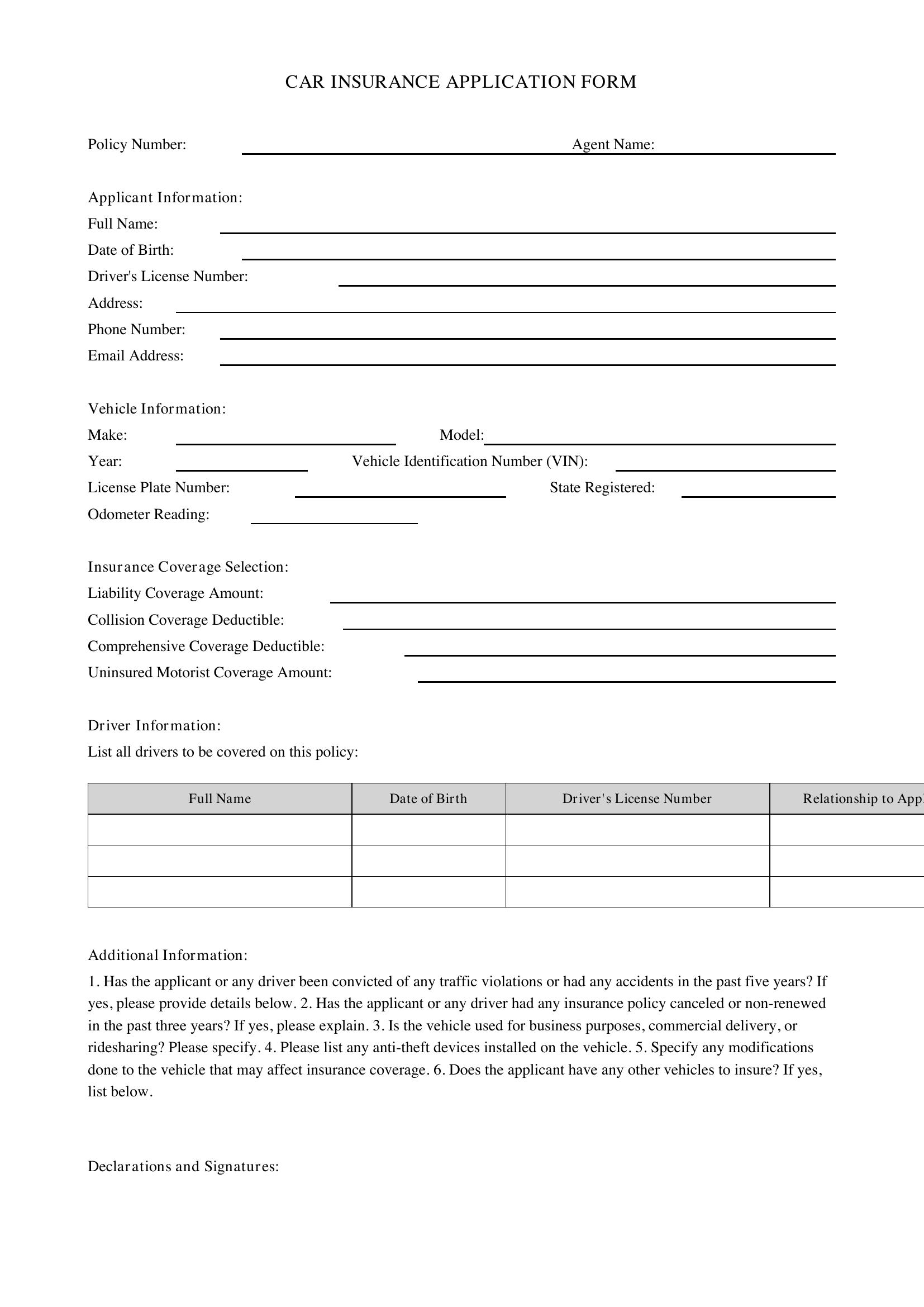 Car Insurance Form Template