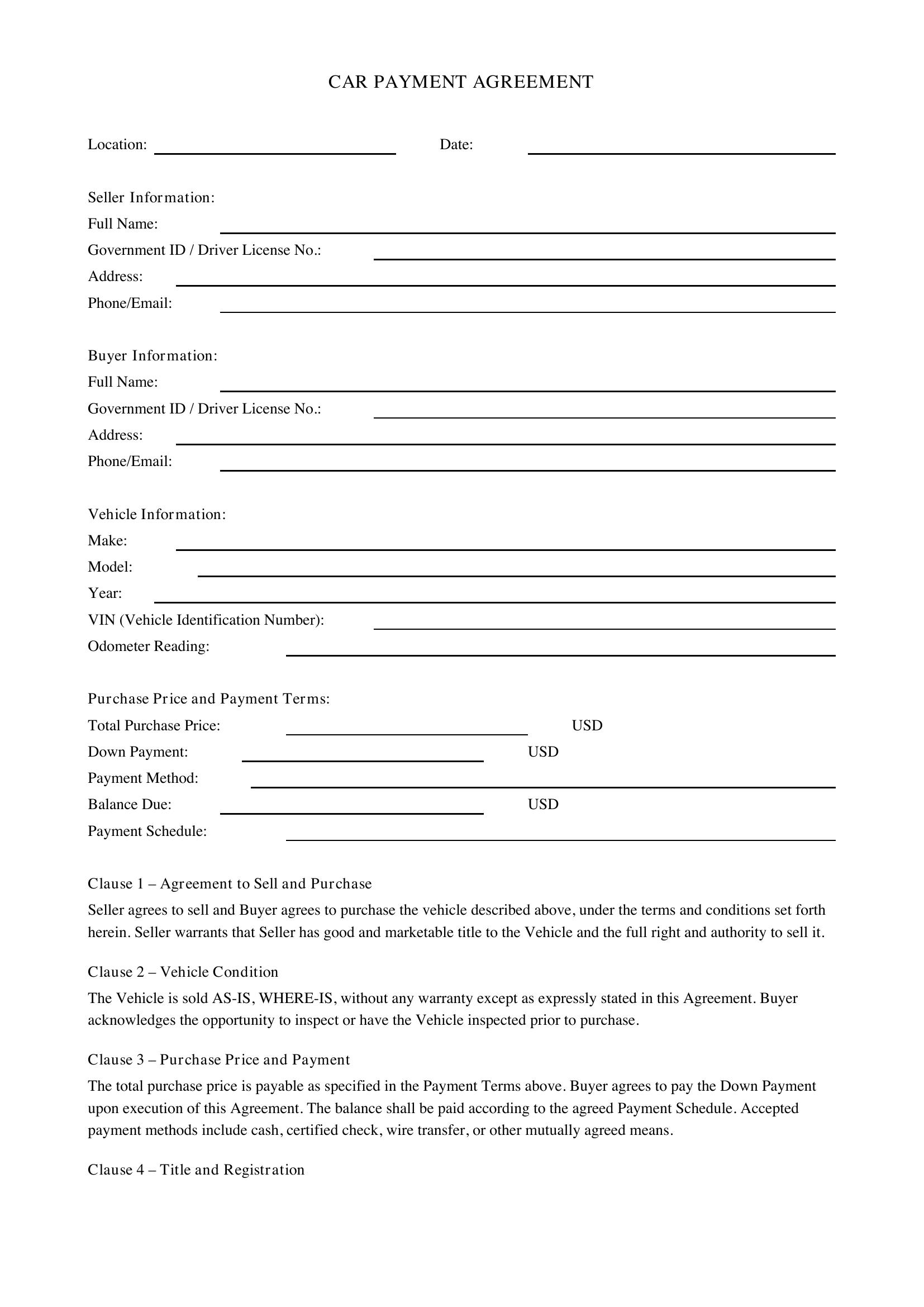 Car Payment Agreement Template