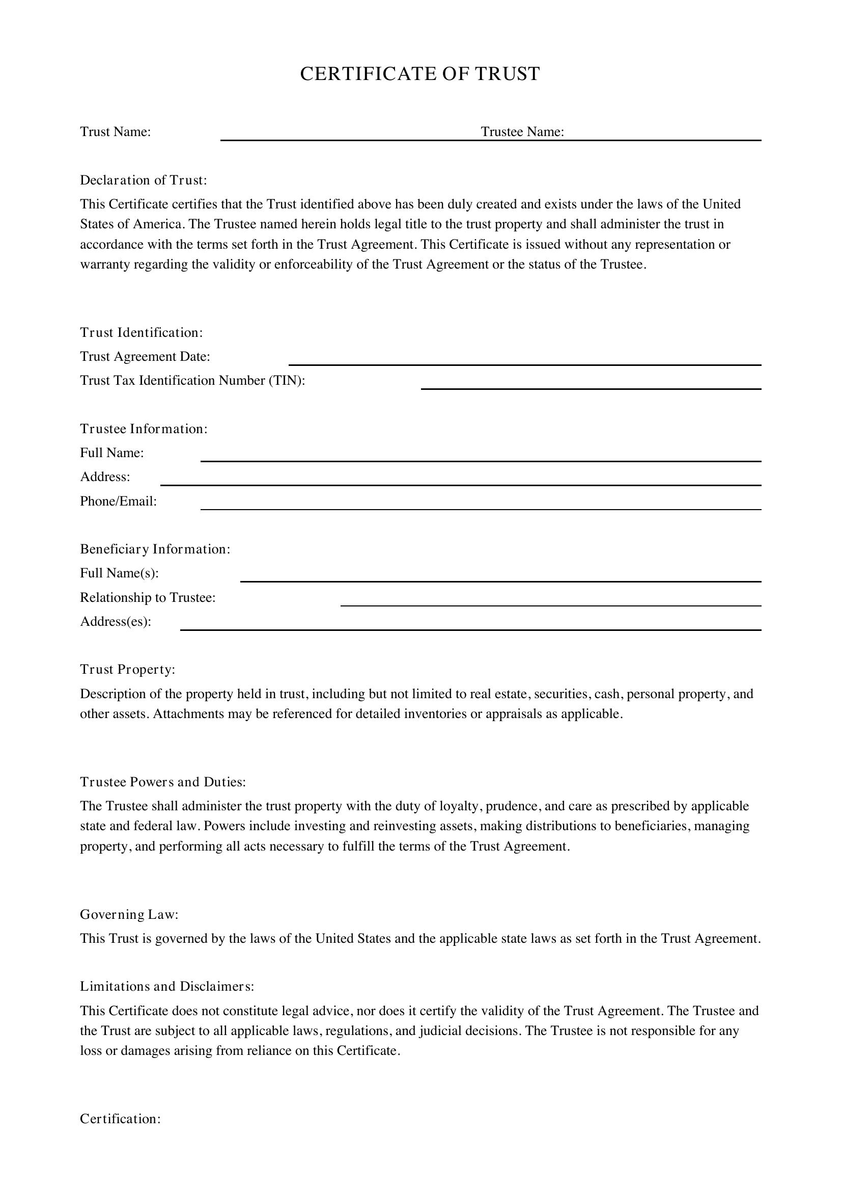 Certificate Of Trust Template
