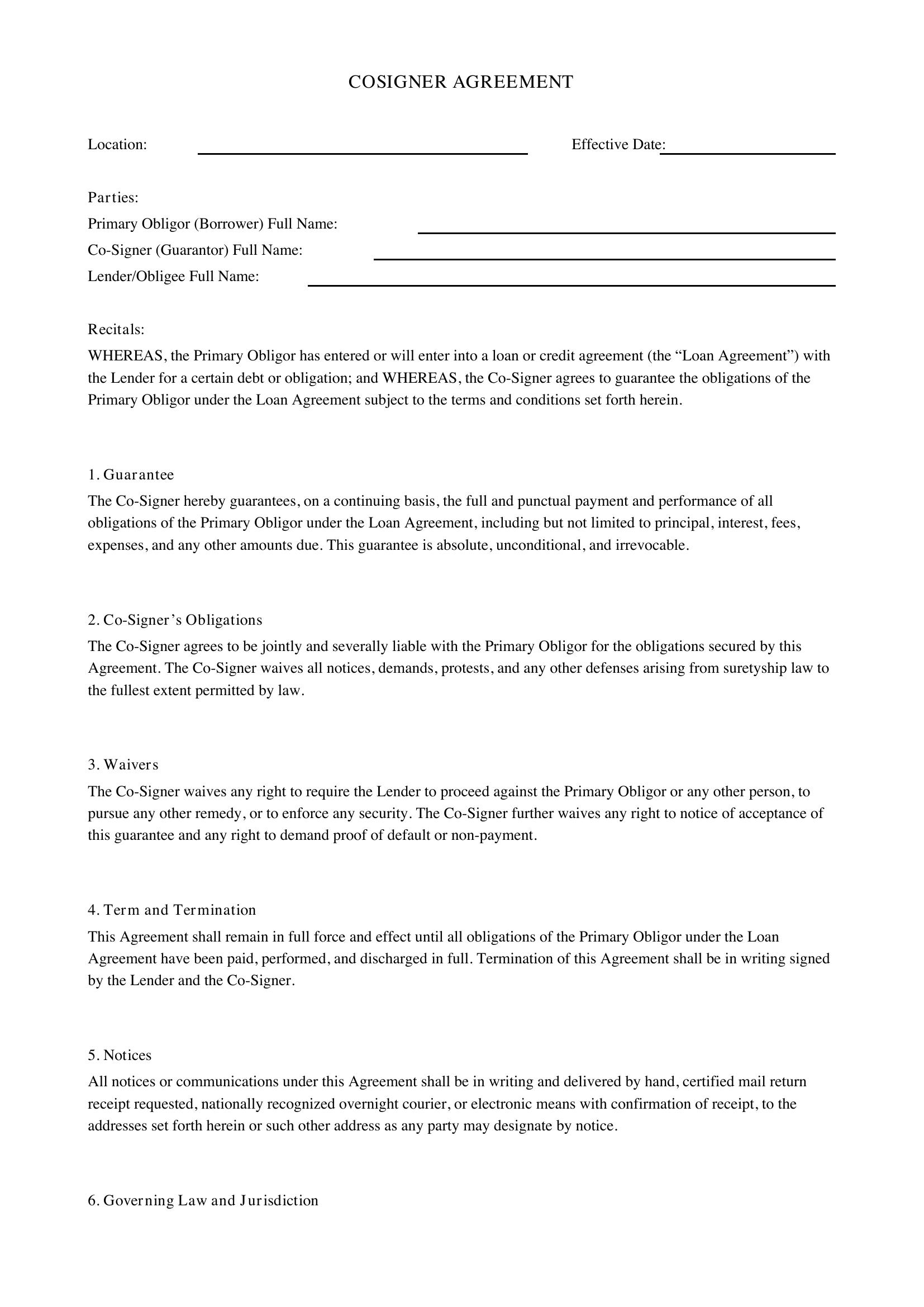 Co-Signer Agreement Template