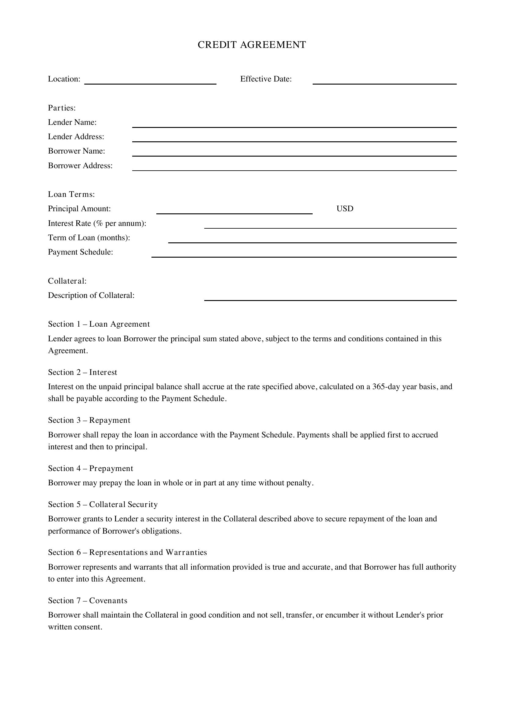 Credit Agreement Template