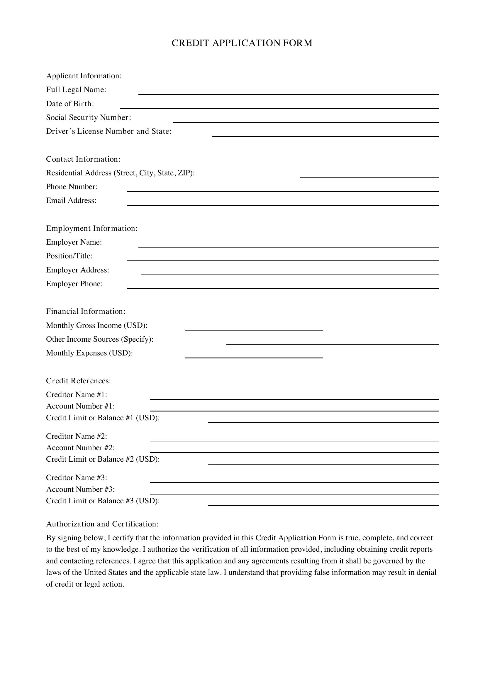 Credit Application Form Template