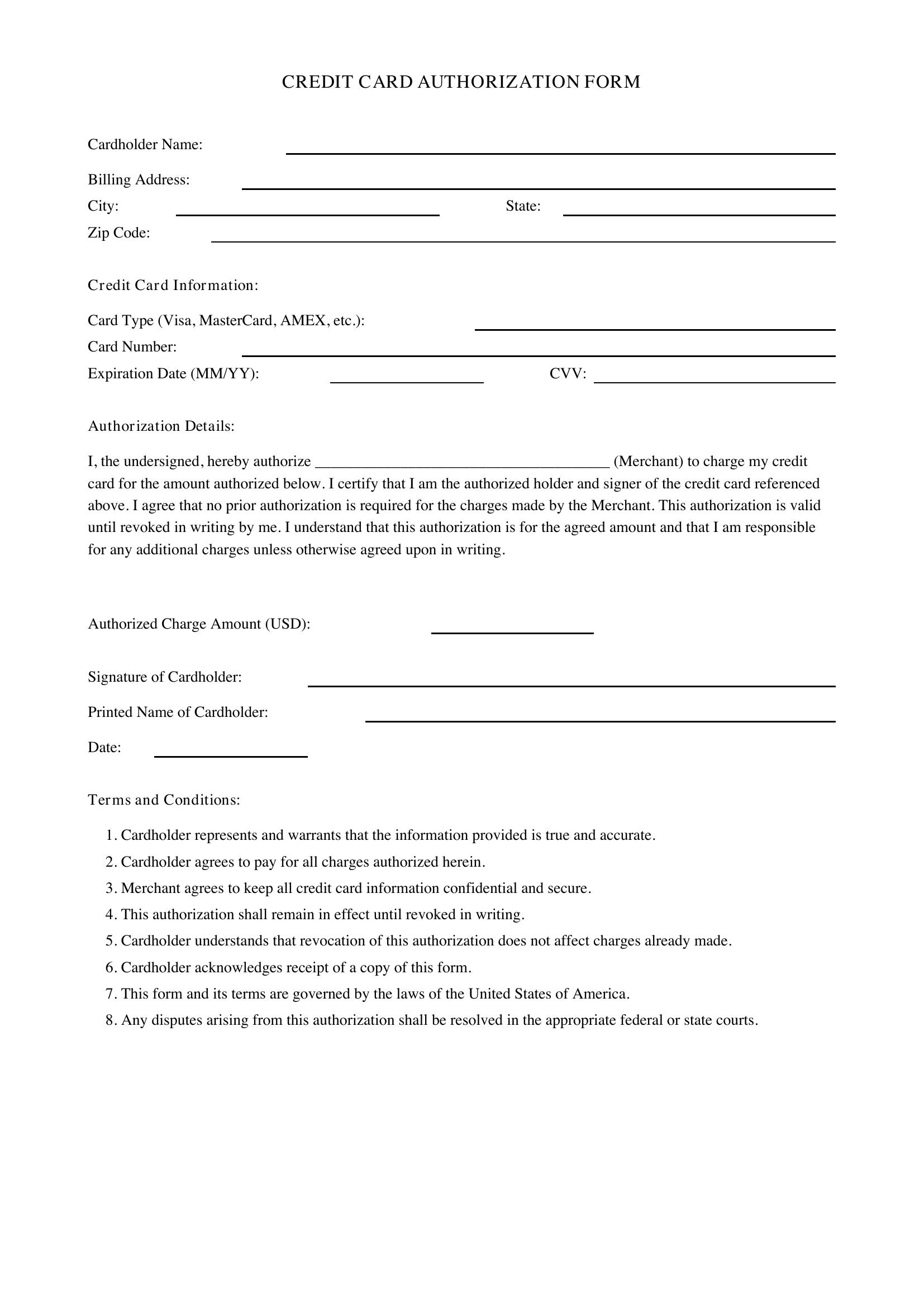 Credit Card Authorization Form Template