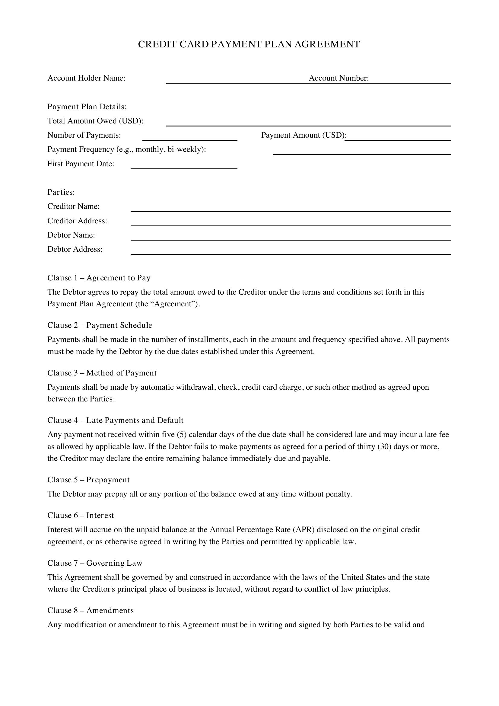 Credit Card Payment Plan Template