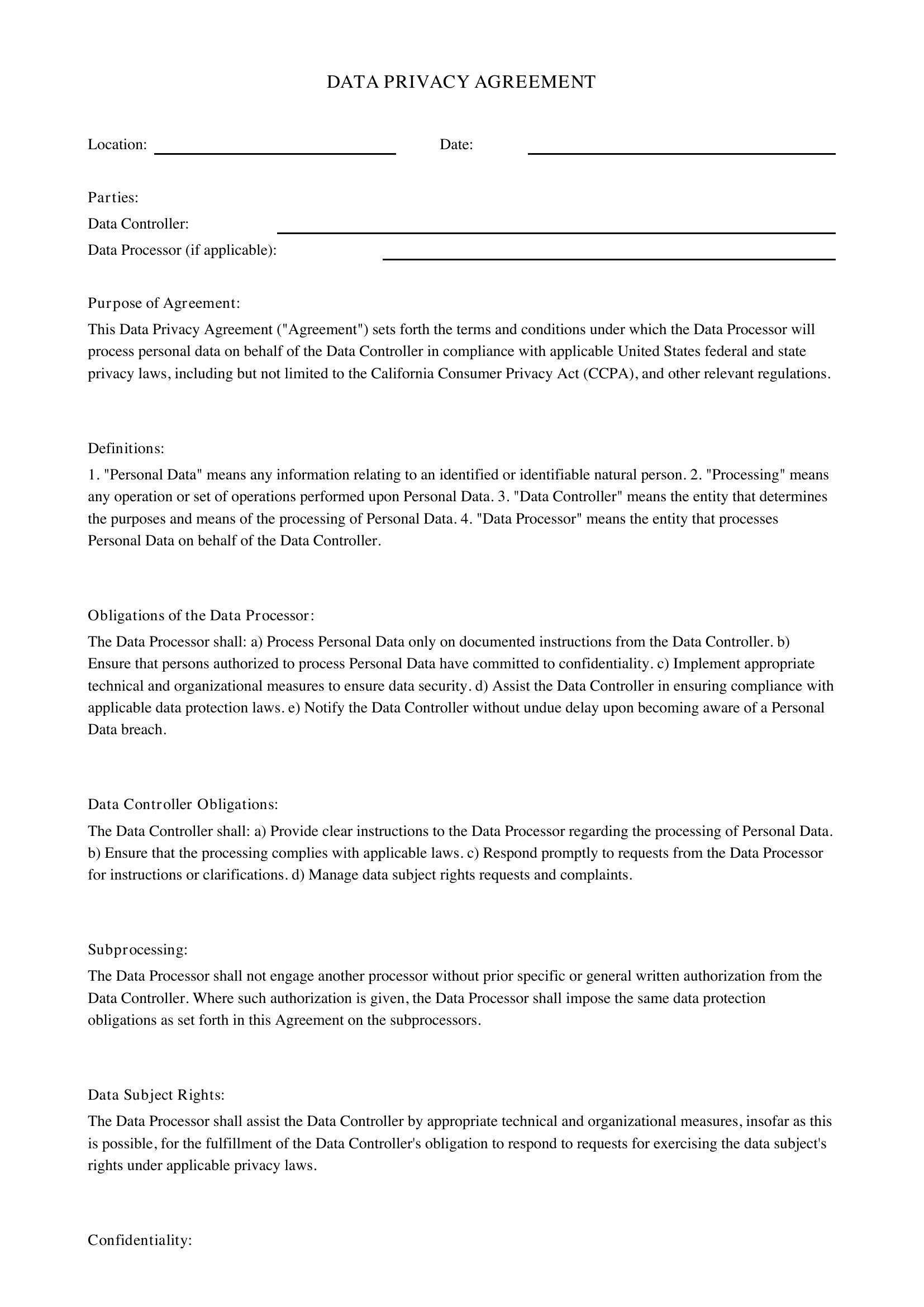 Data Privacy Agreement Template
