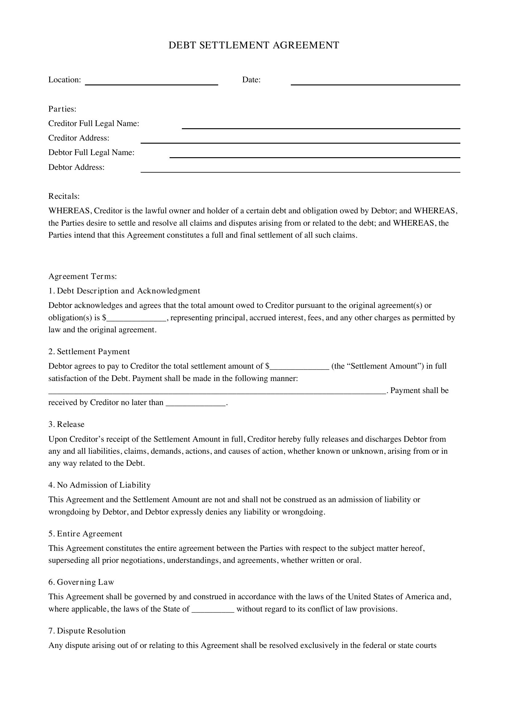 Debt Settlement Agreement Template