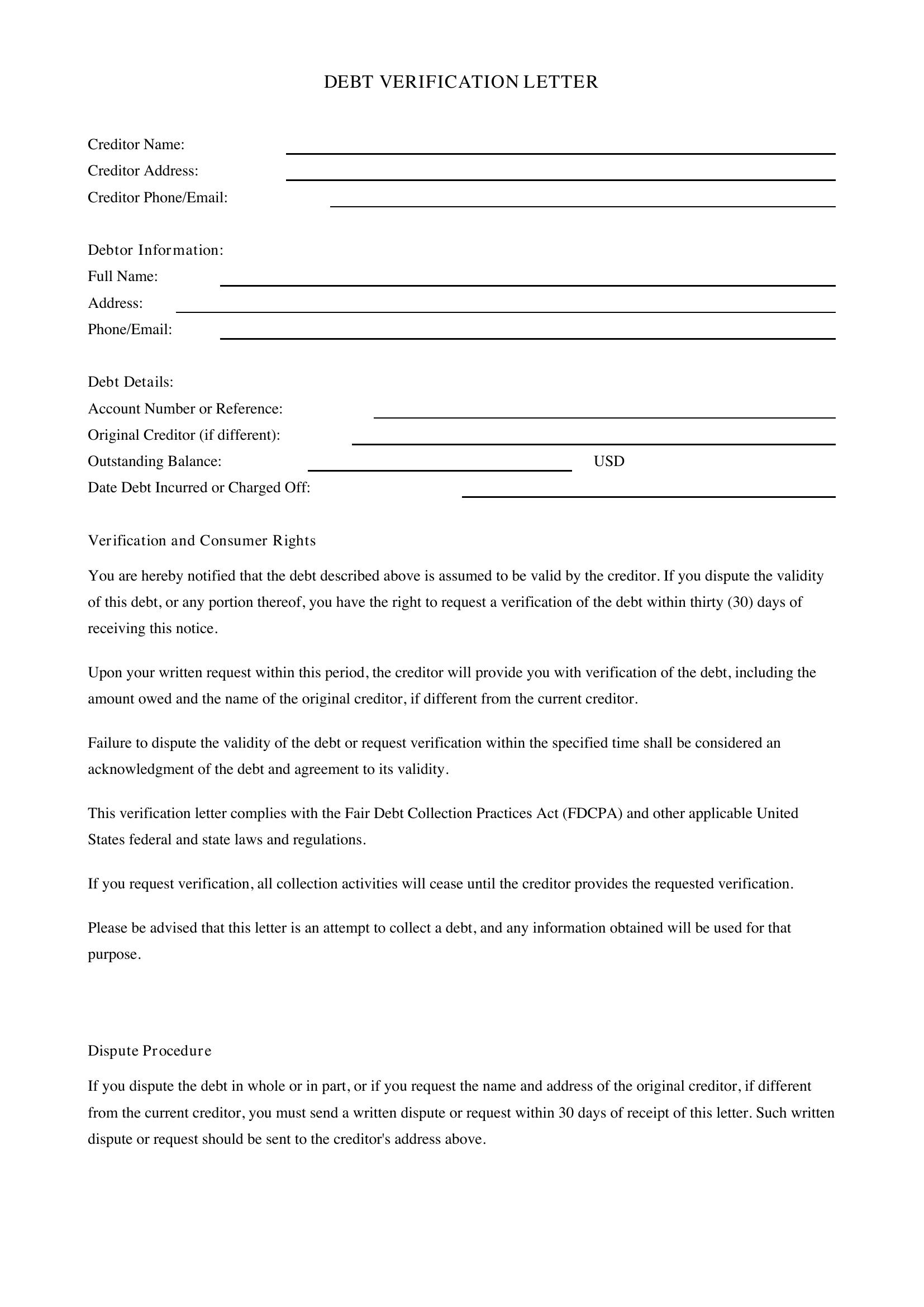 Debt Verification Letter Template
