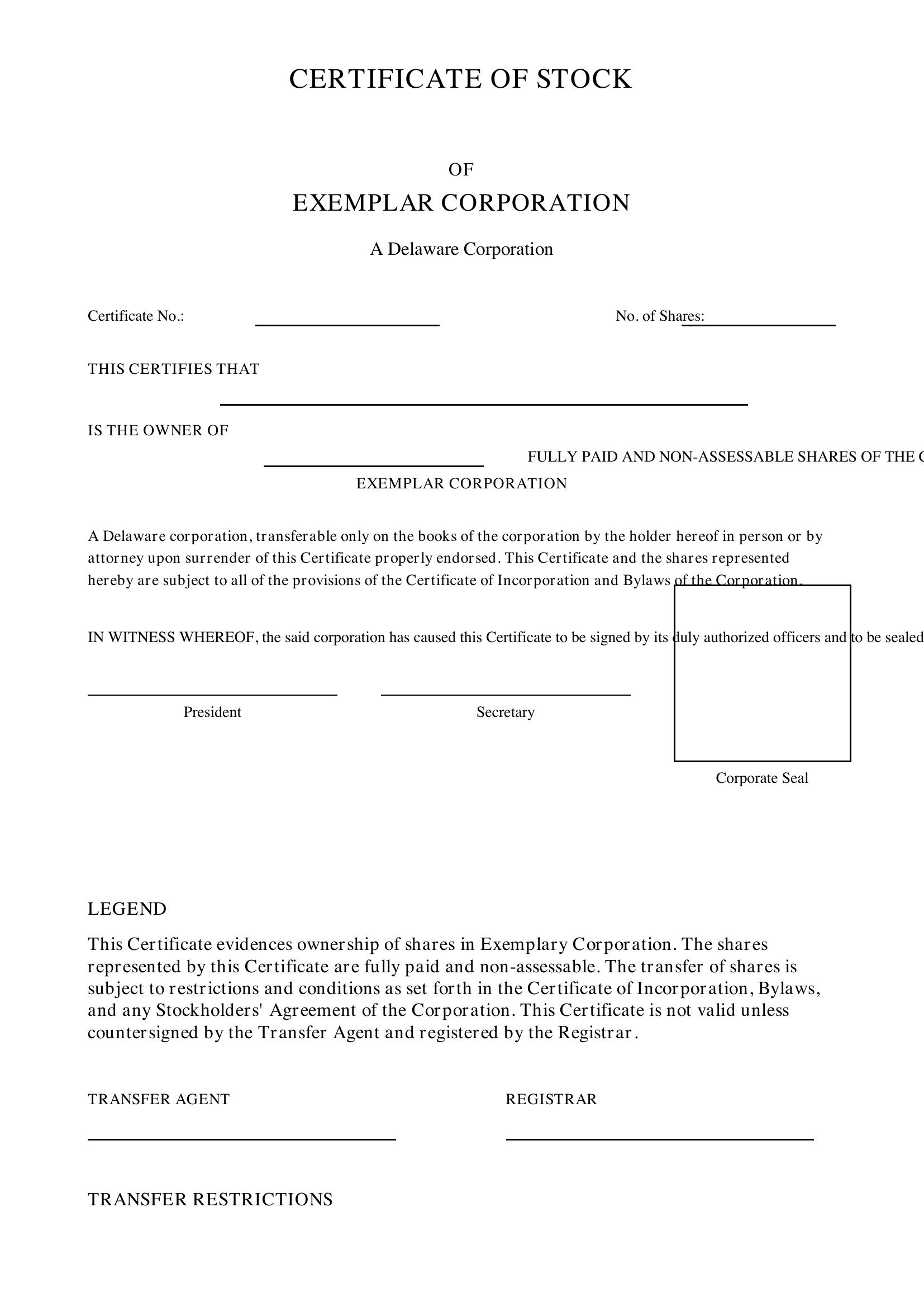 Delaware Stock Certificate Template