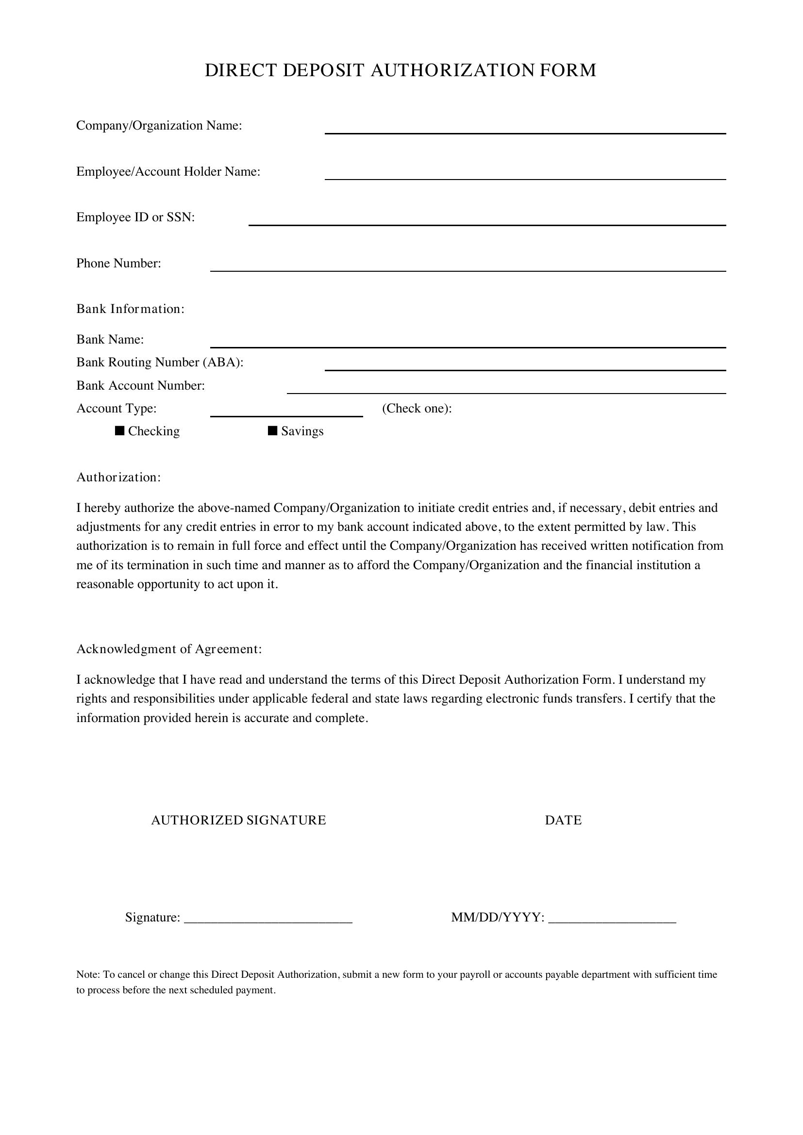 Direct Deposit Authorization Form Template