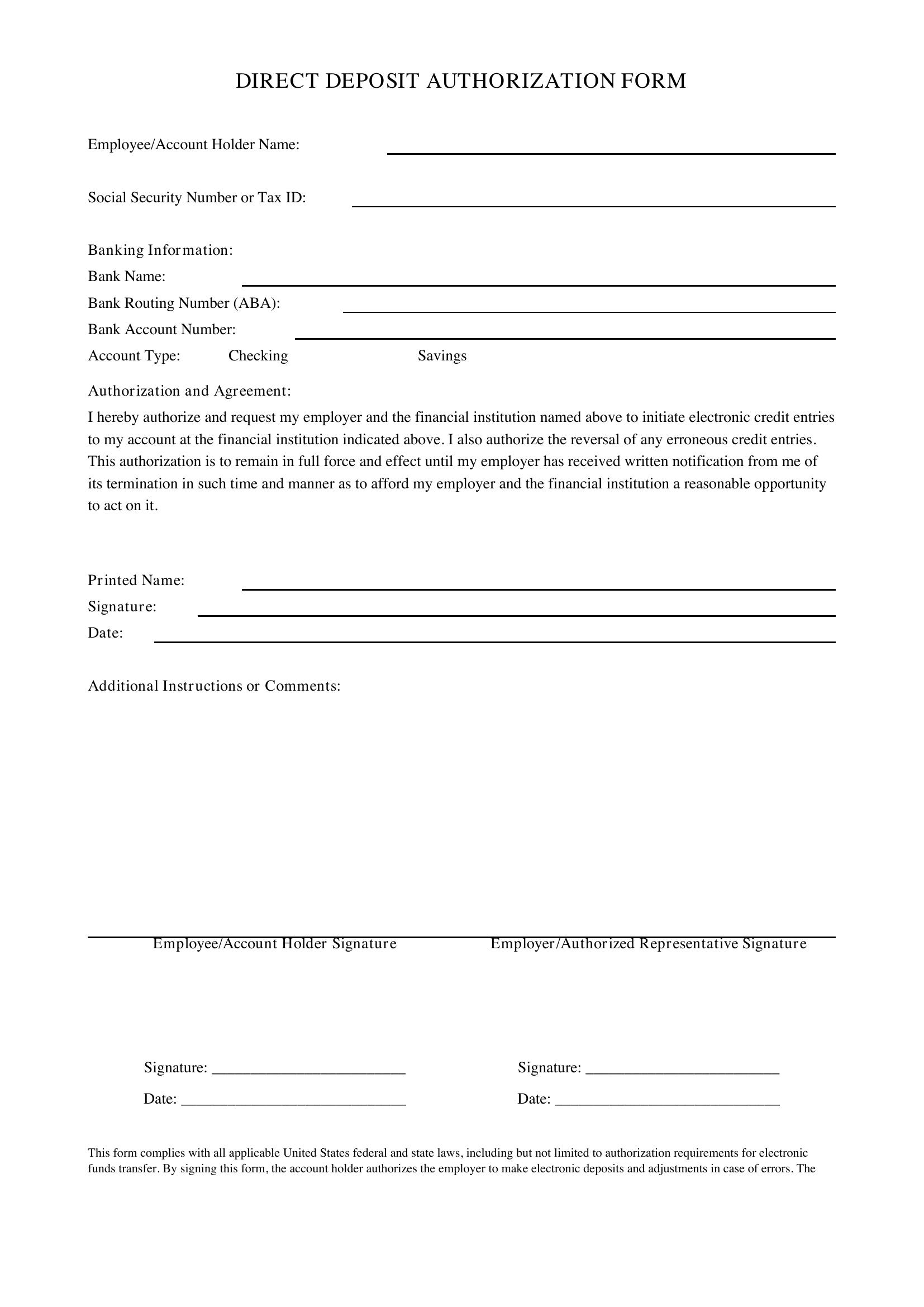 Direct Deposit Form Template
