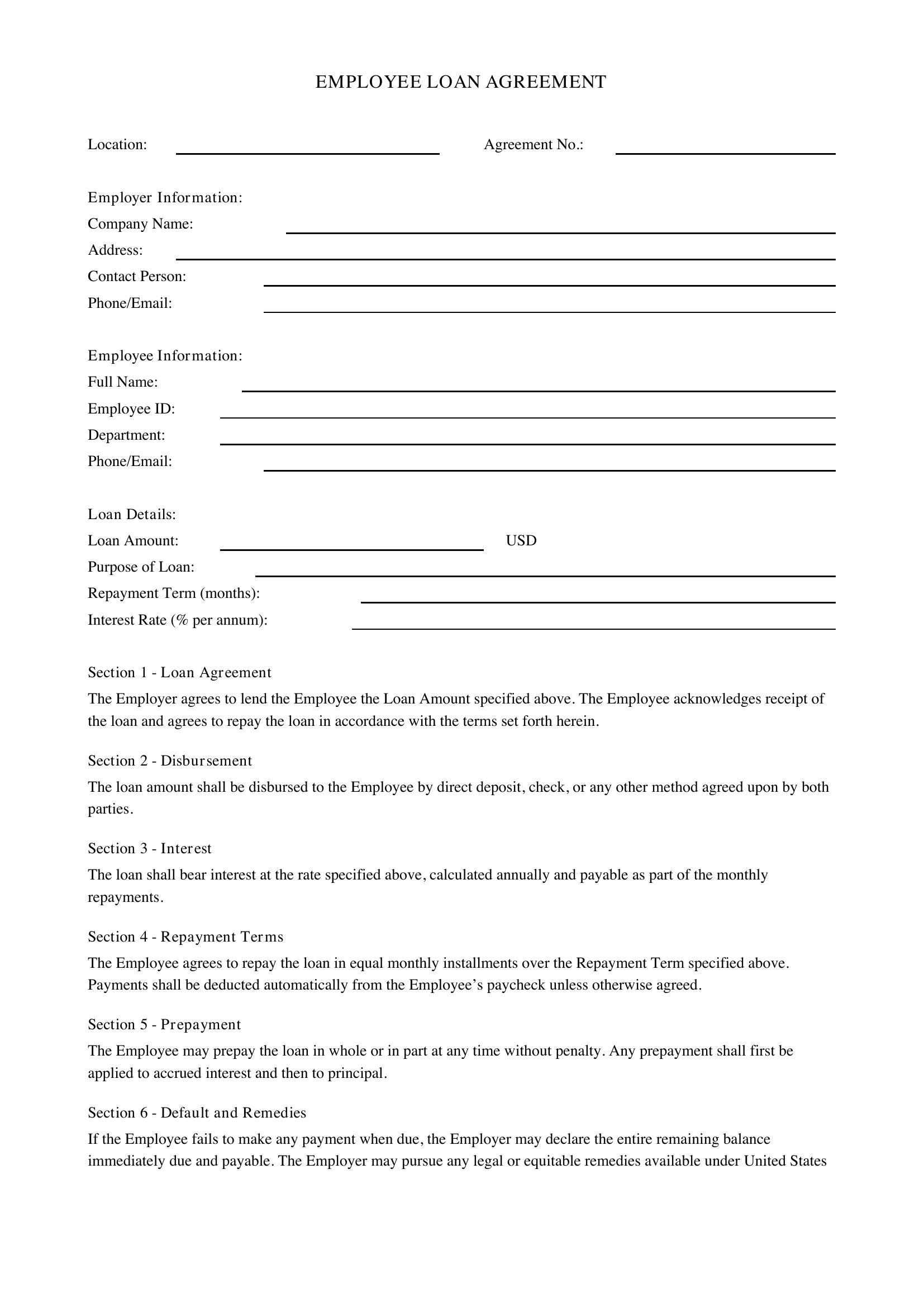 Employee Loan Agreement Template