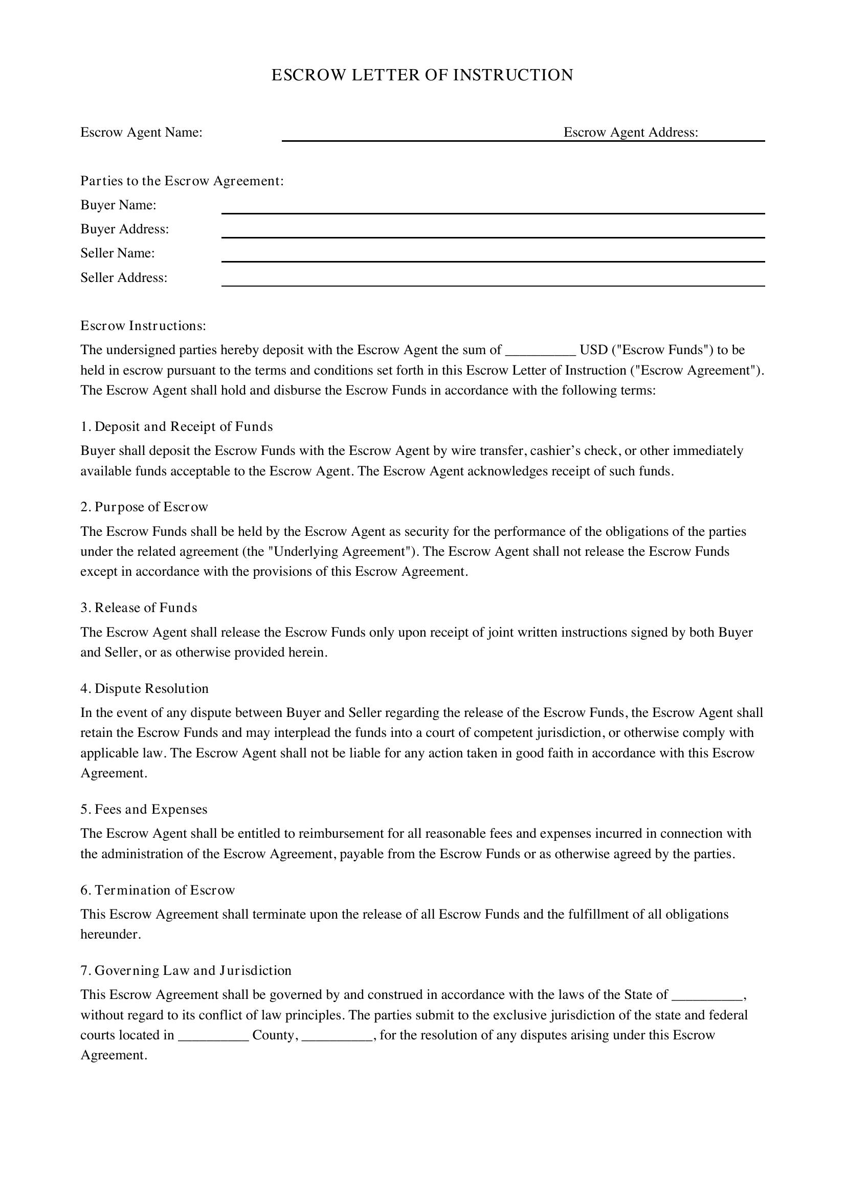 Escrow Letter Template
