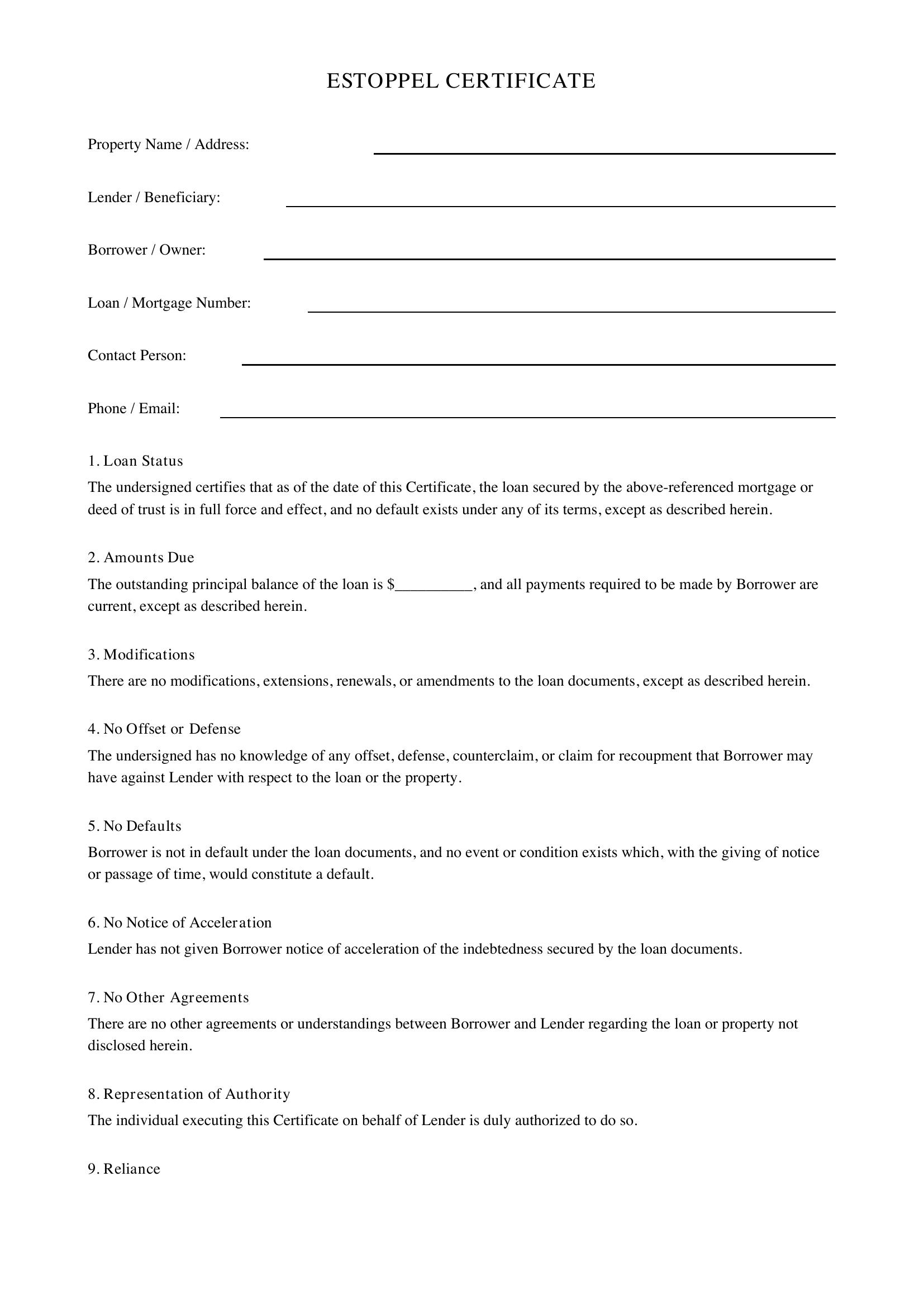 Estoppel Certificate Template