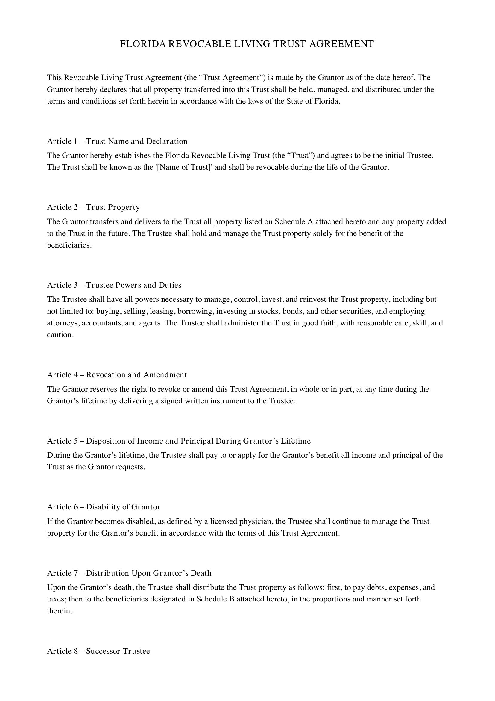 Florida Revocable Trust Template