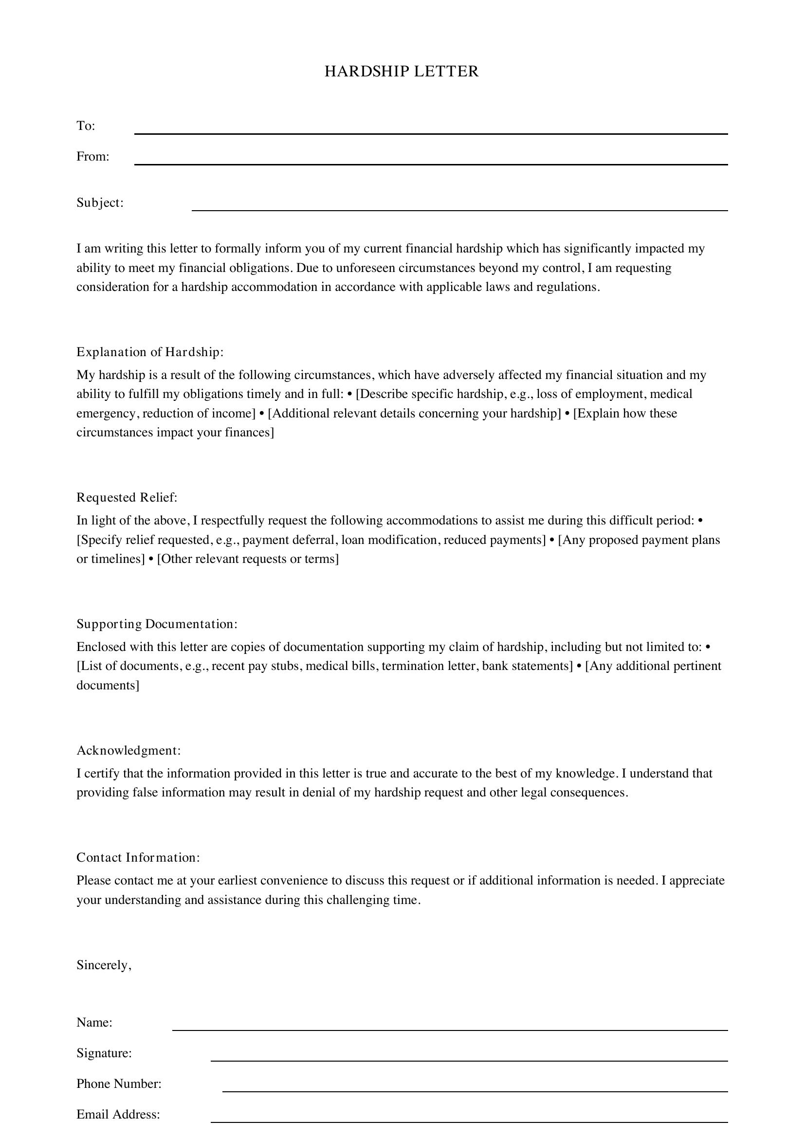 Hardship Letter Template