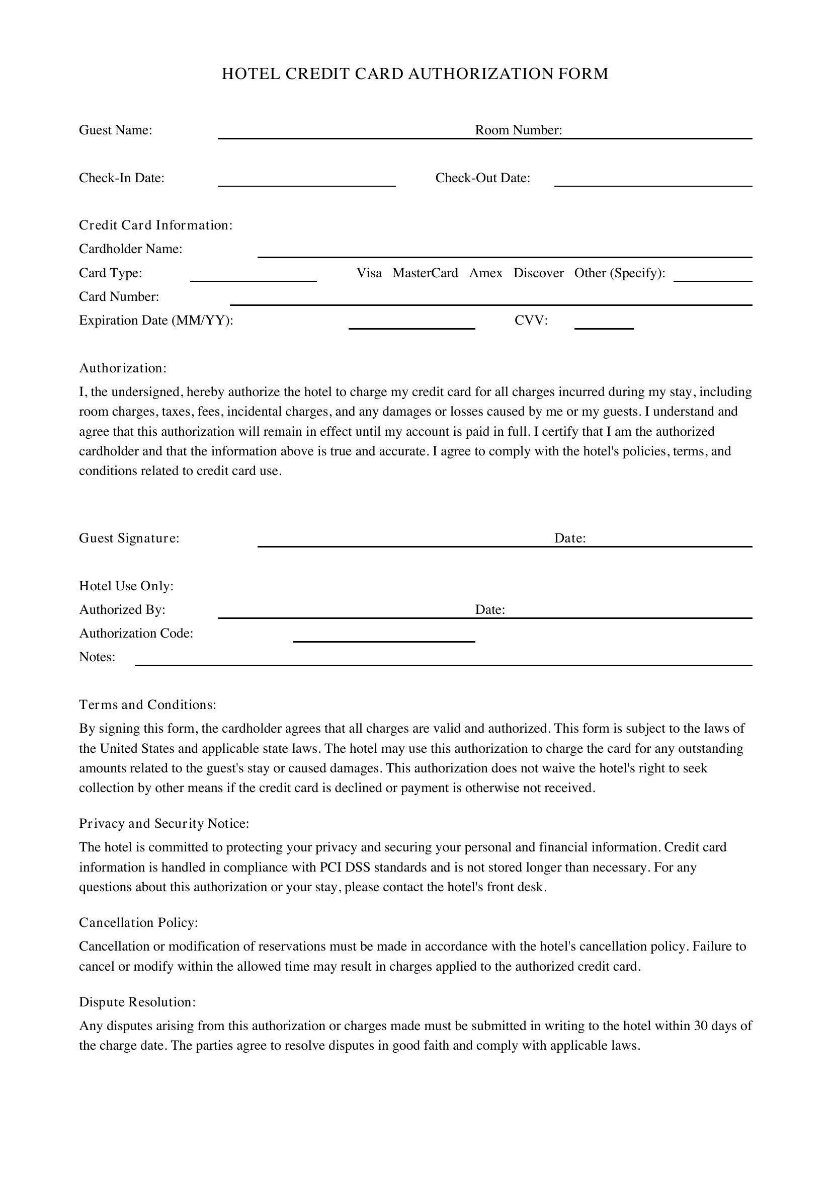 Hotel Credit Card Authorization Form Template