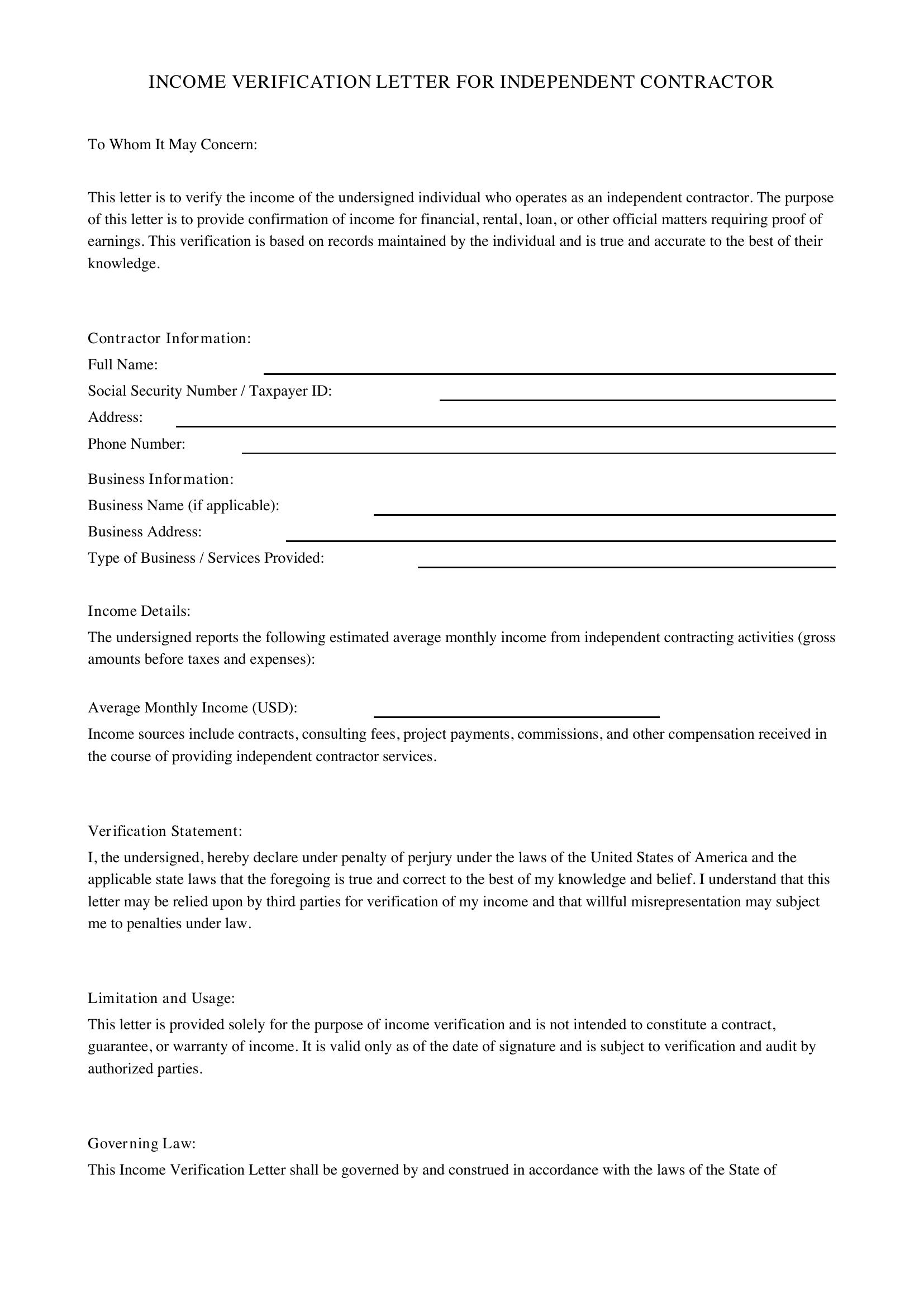 Income Verification Letter For Independent Contractor Template