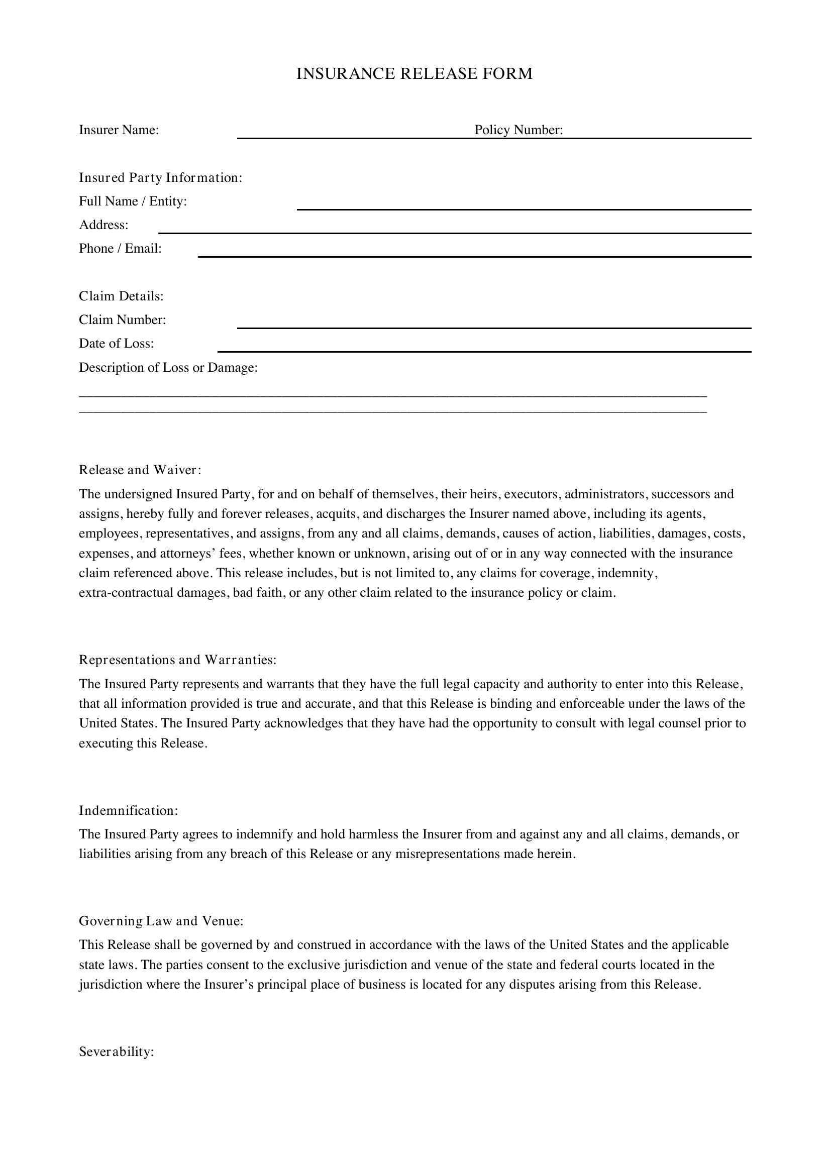 Insurance Release Form Template