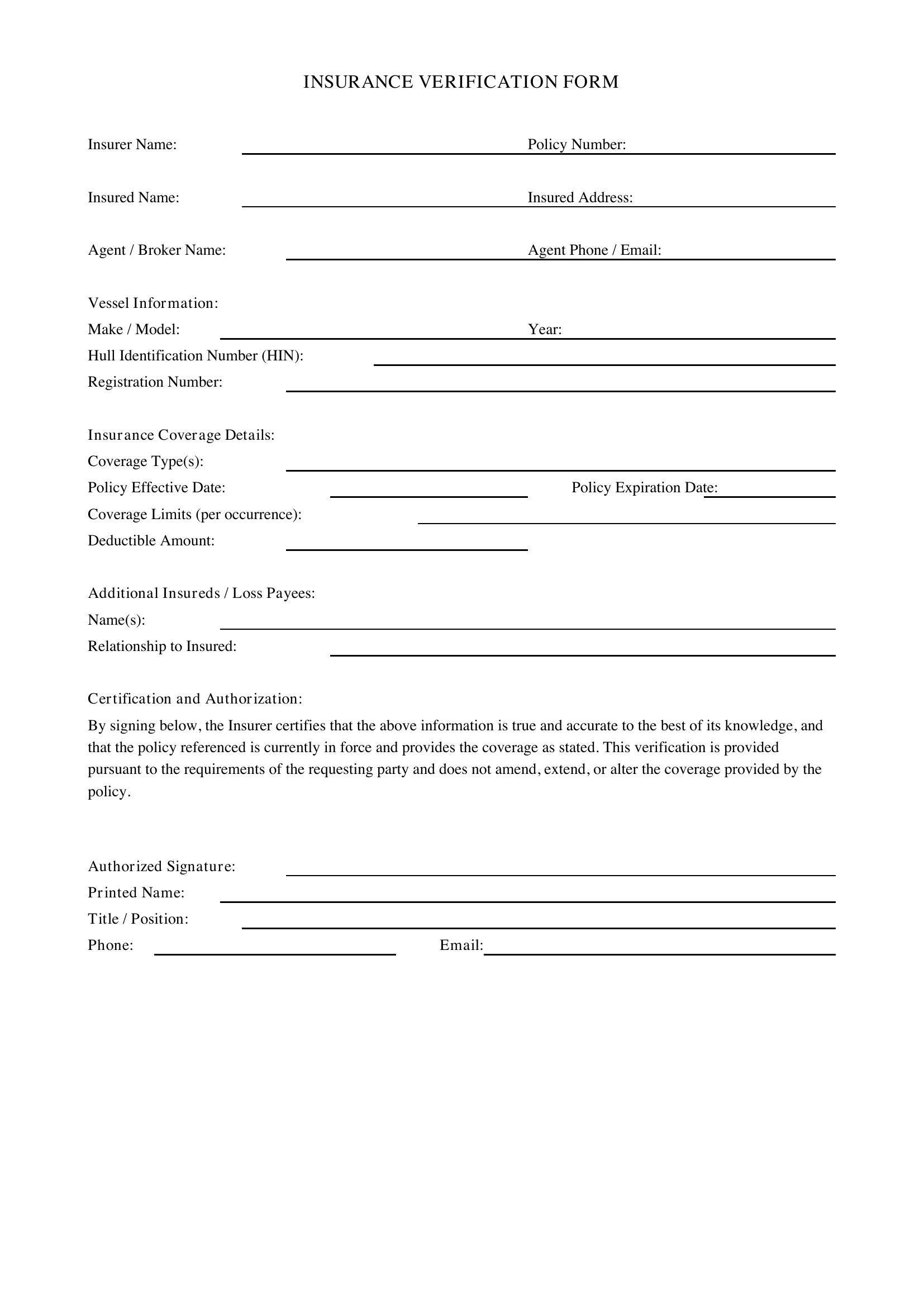 Insurance Verification Form Template