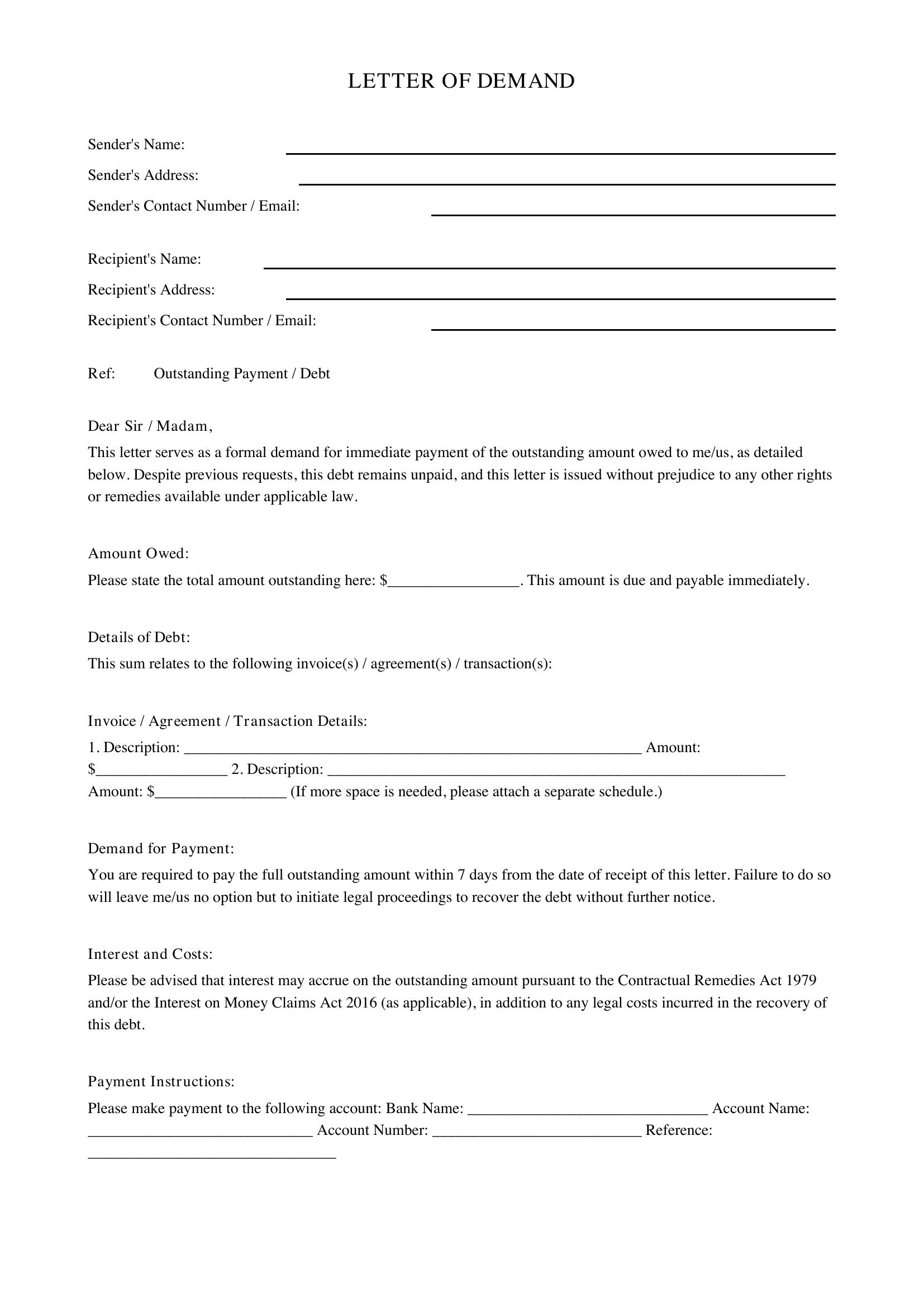 Letter Of Demand Template Nz