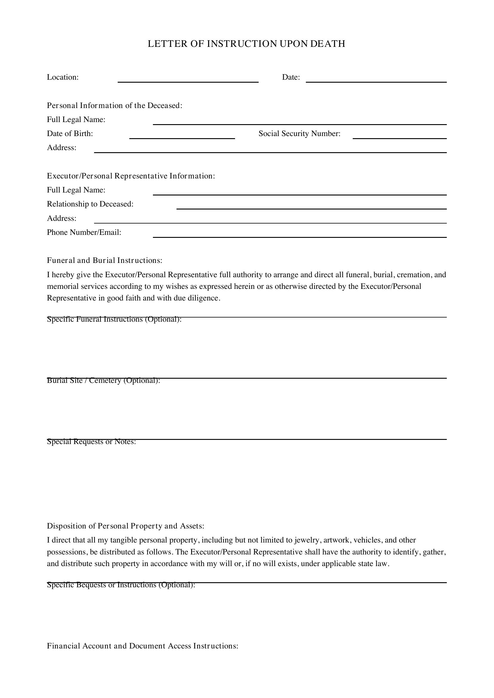 Letter Of Instruction Upon Death Template