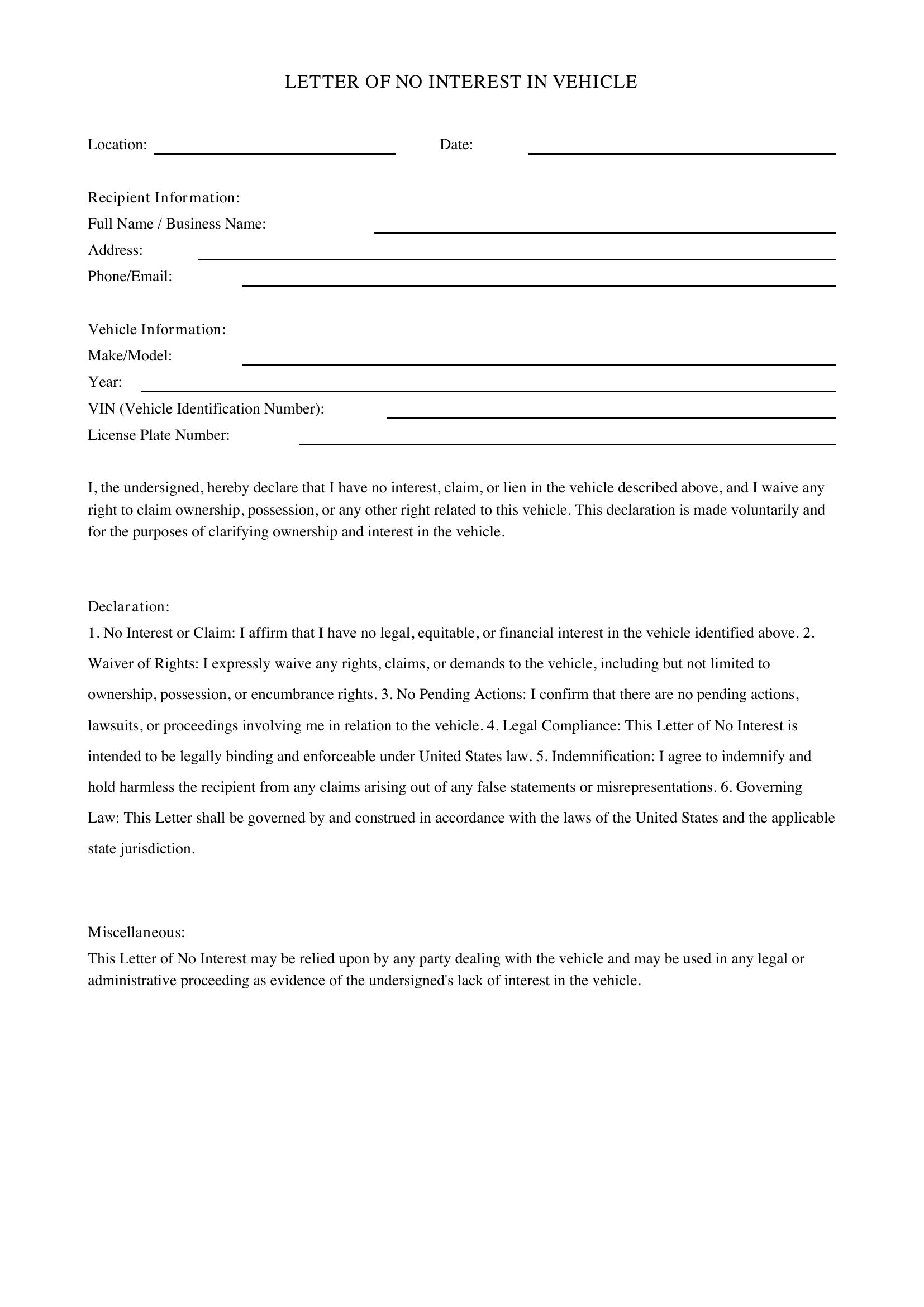 Letter Of No Interest In Vehicle Template