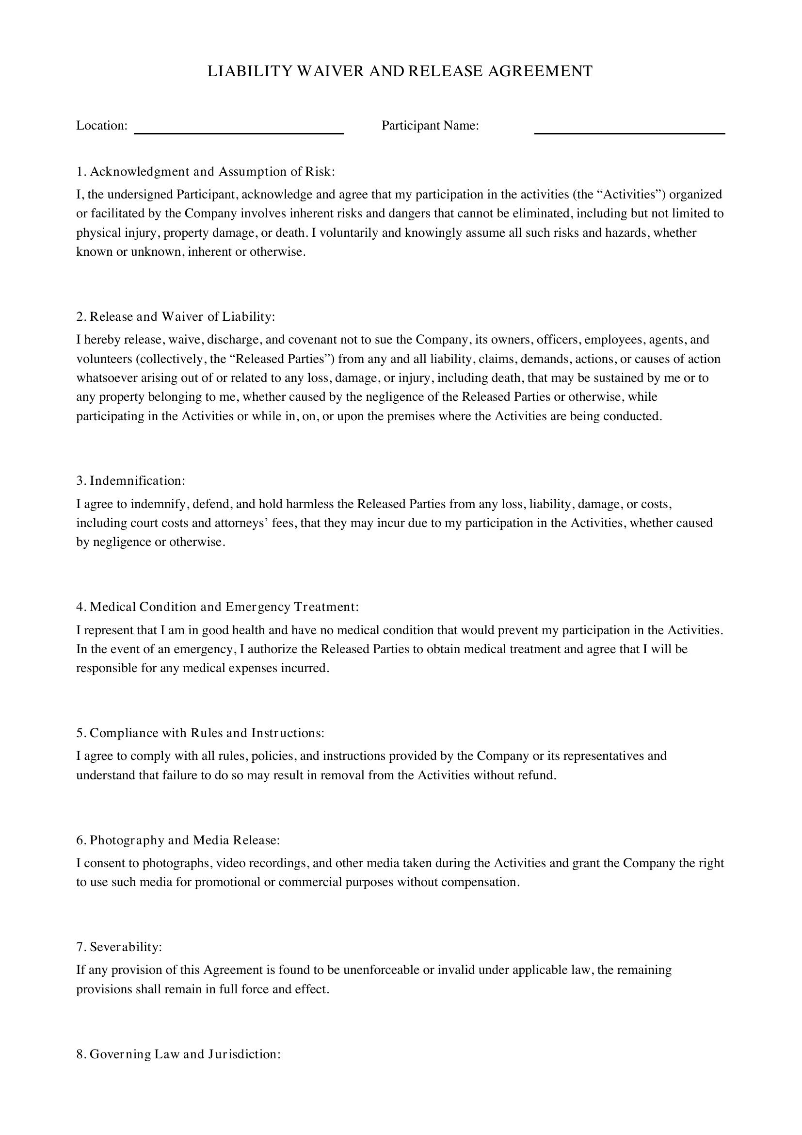 Liability Waiver Template Australia