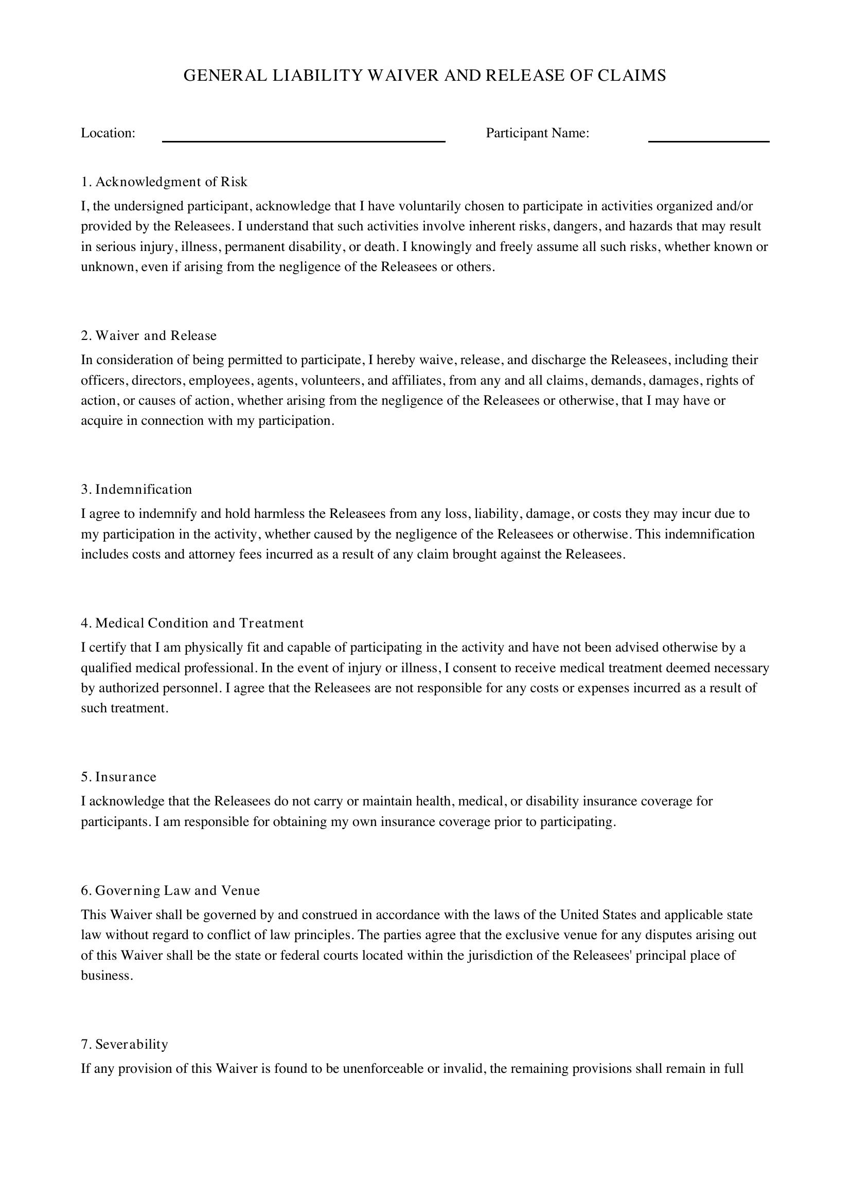 Liability Waiver Template