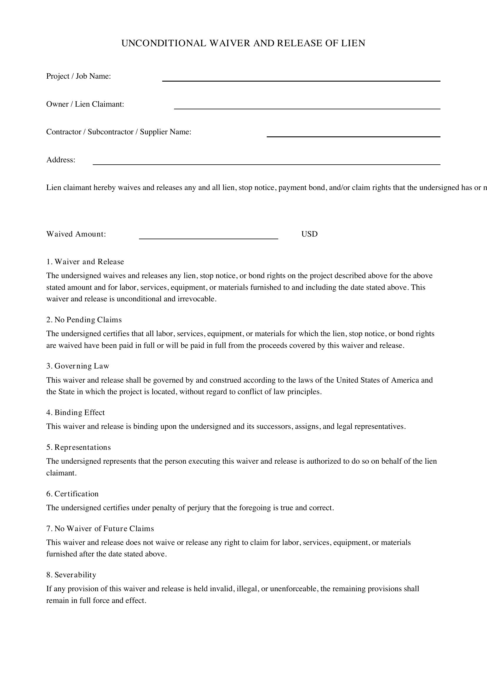 Lien Waiver Template