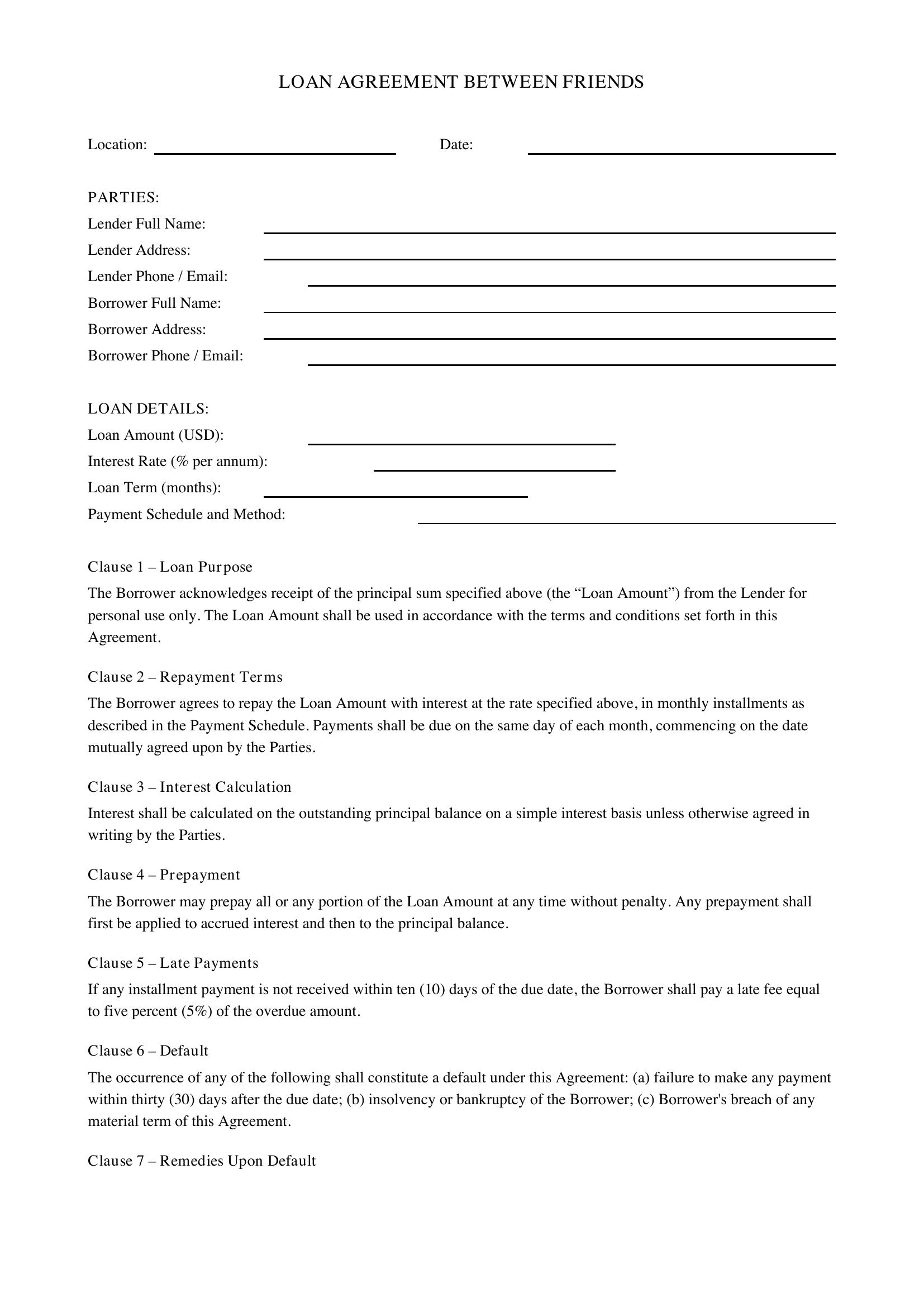 Loan Agreement Template Between Friends