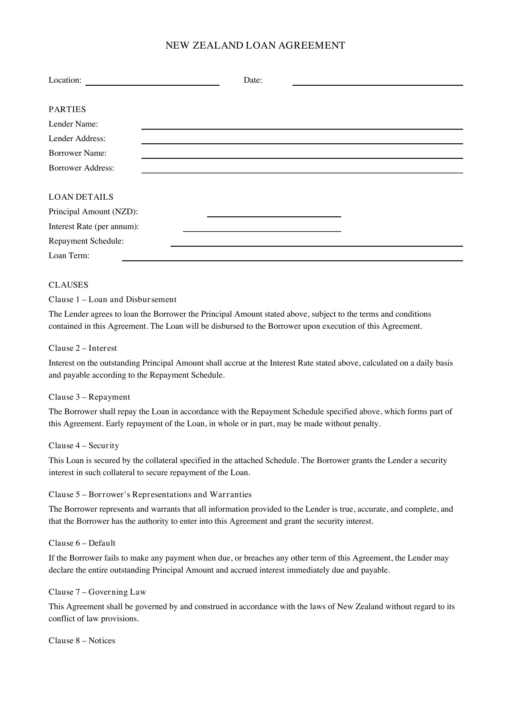 Loan Agreement Template Nz