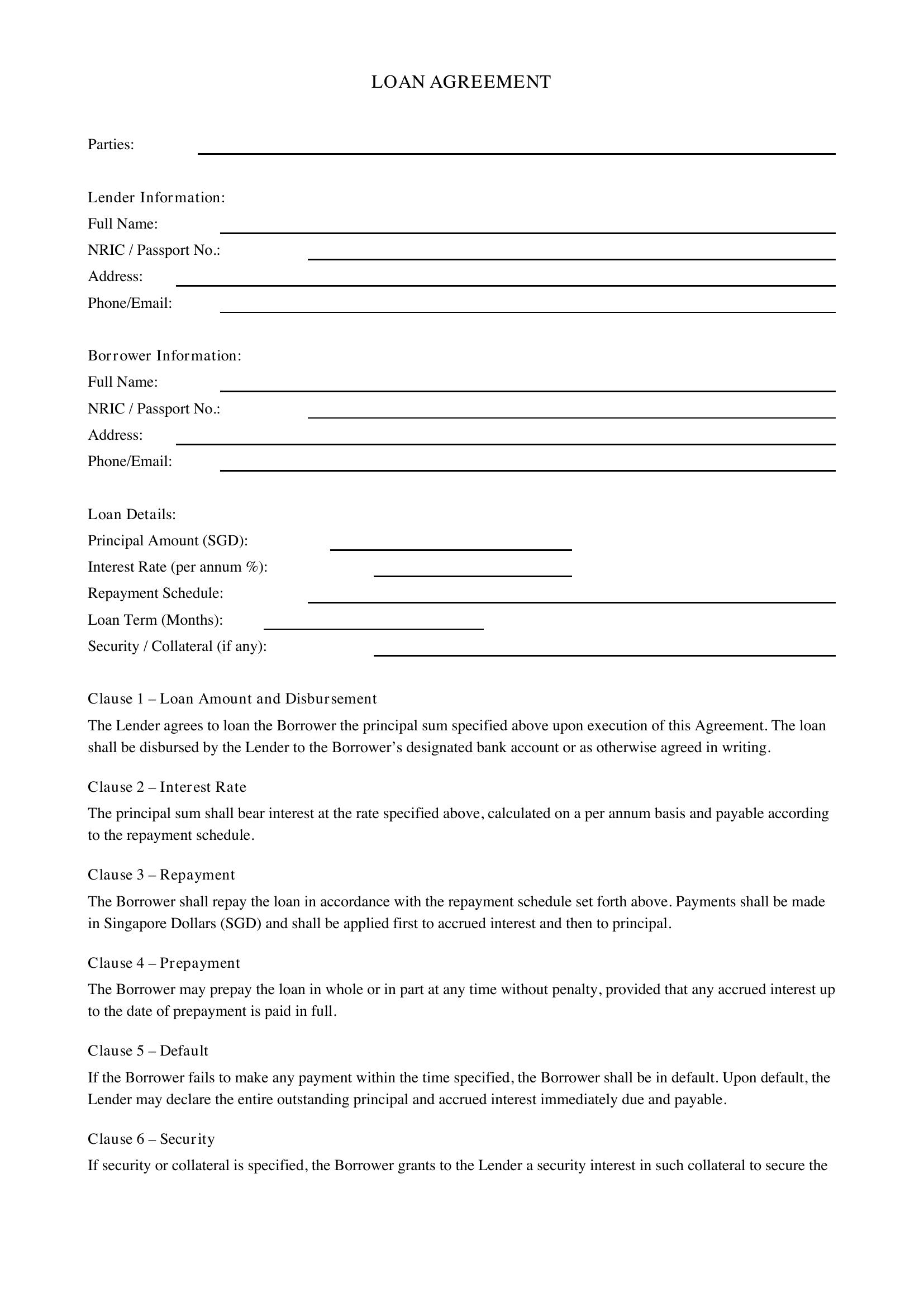 Loan Agreement Template Singapore