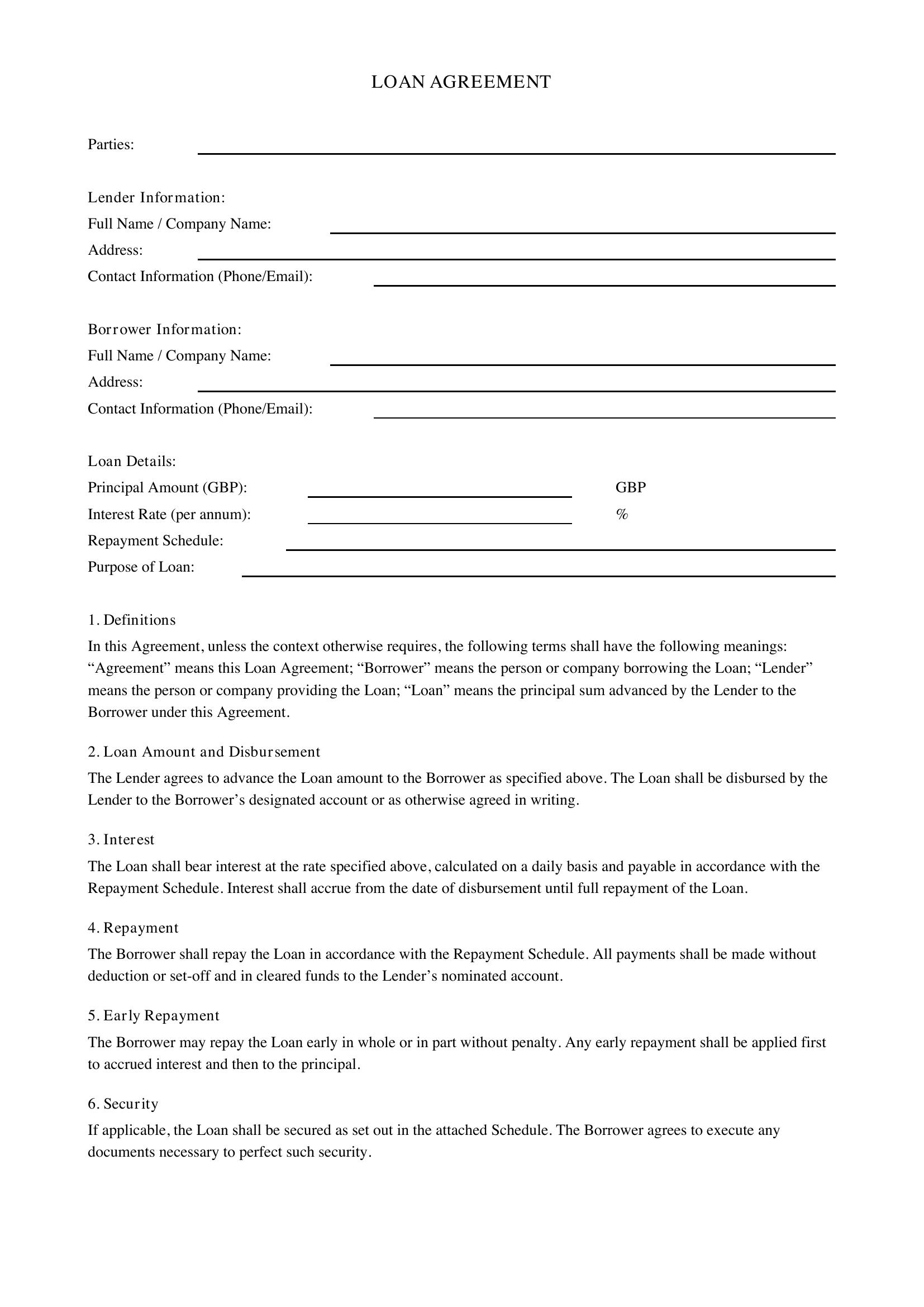 Loan Agreement Template Uk