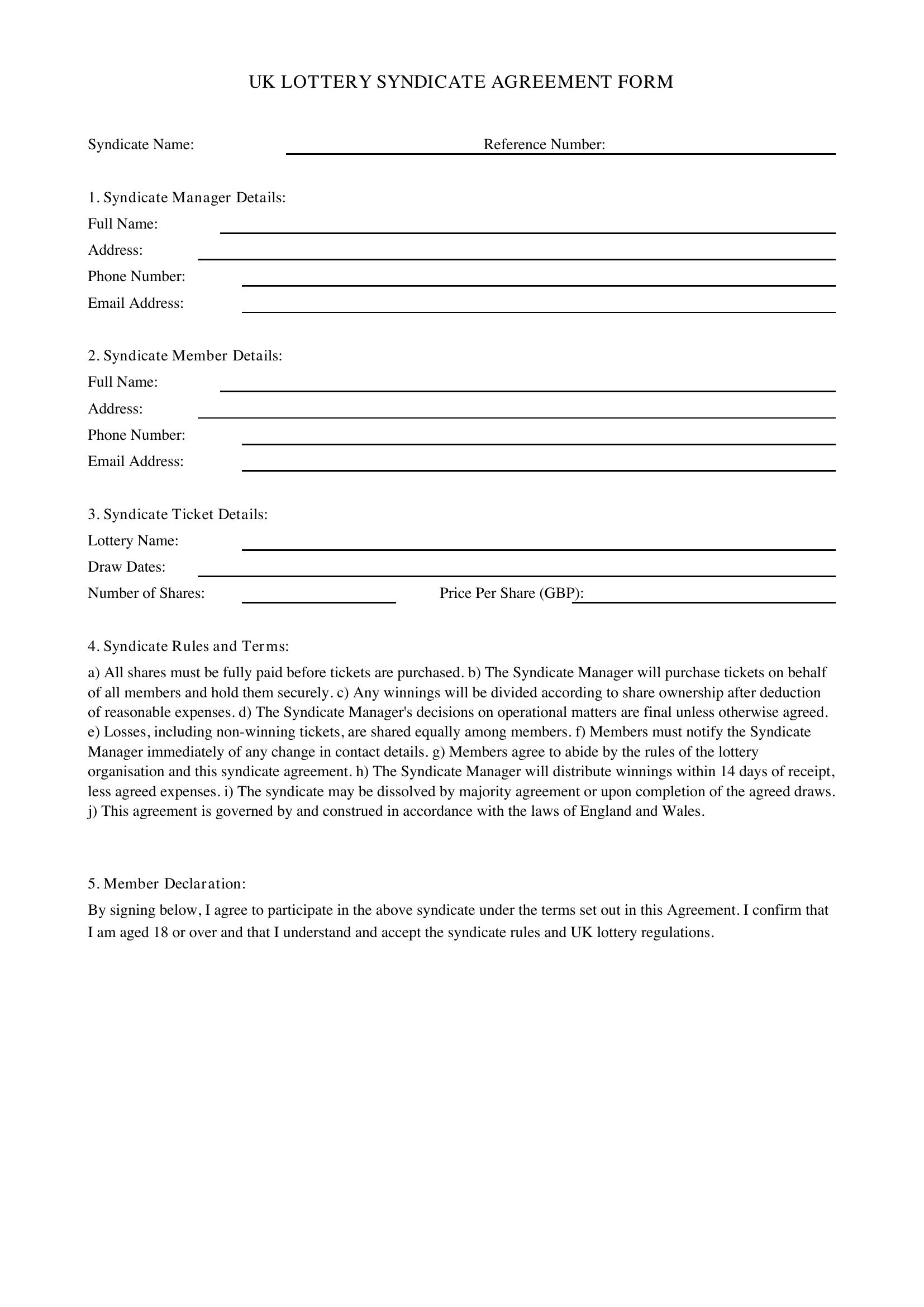 Lottery Syndicate Form Template Uk