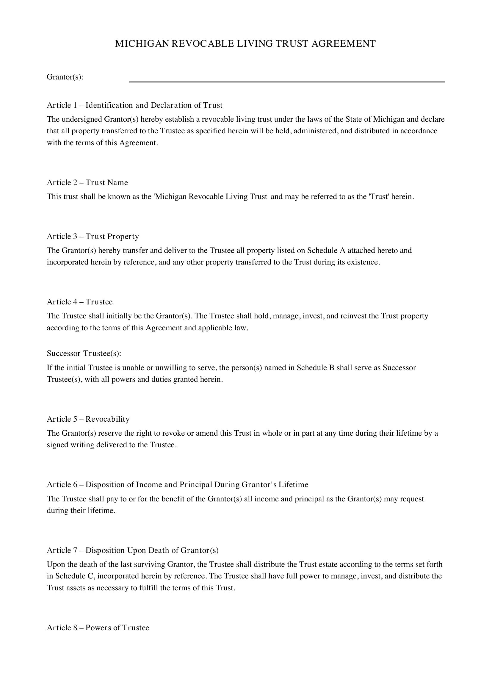 Michigan Living Trust Template