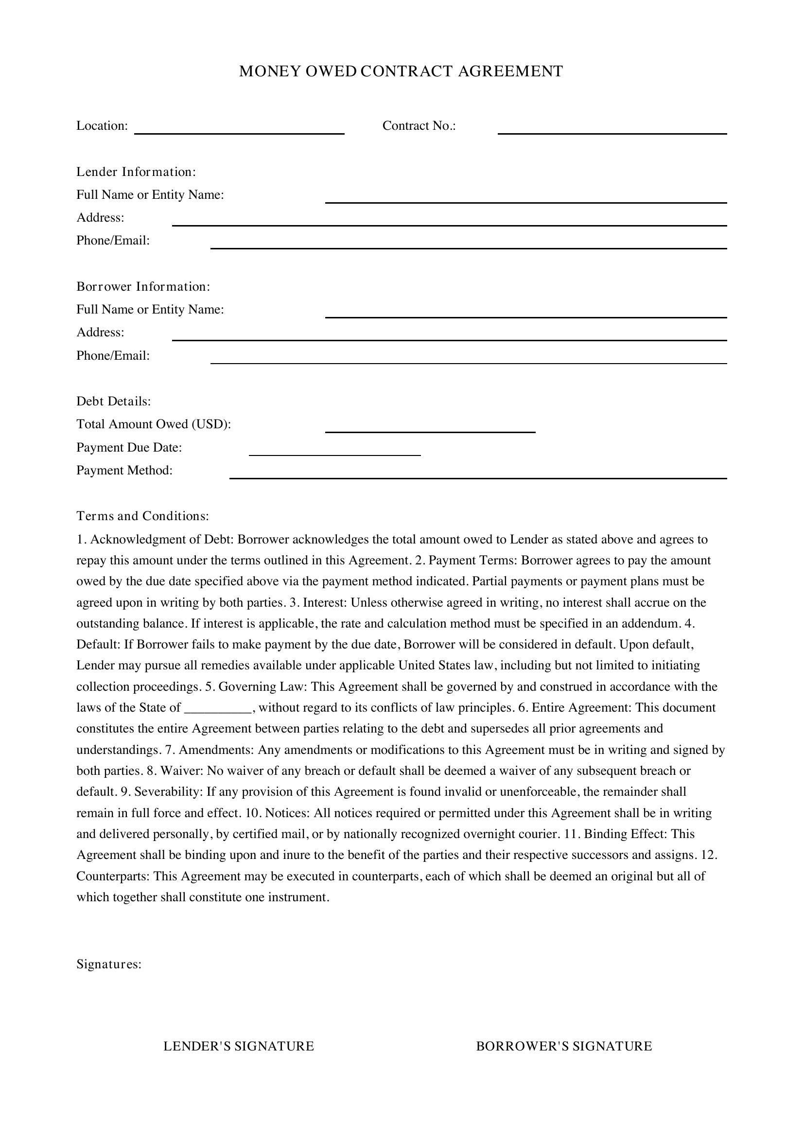 Money Owed Contract Template
