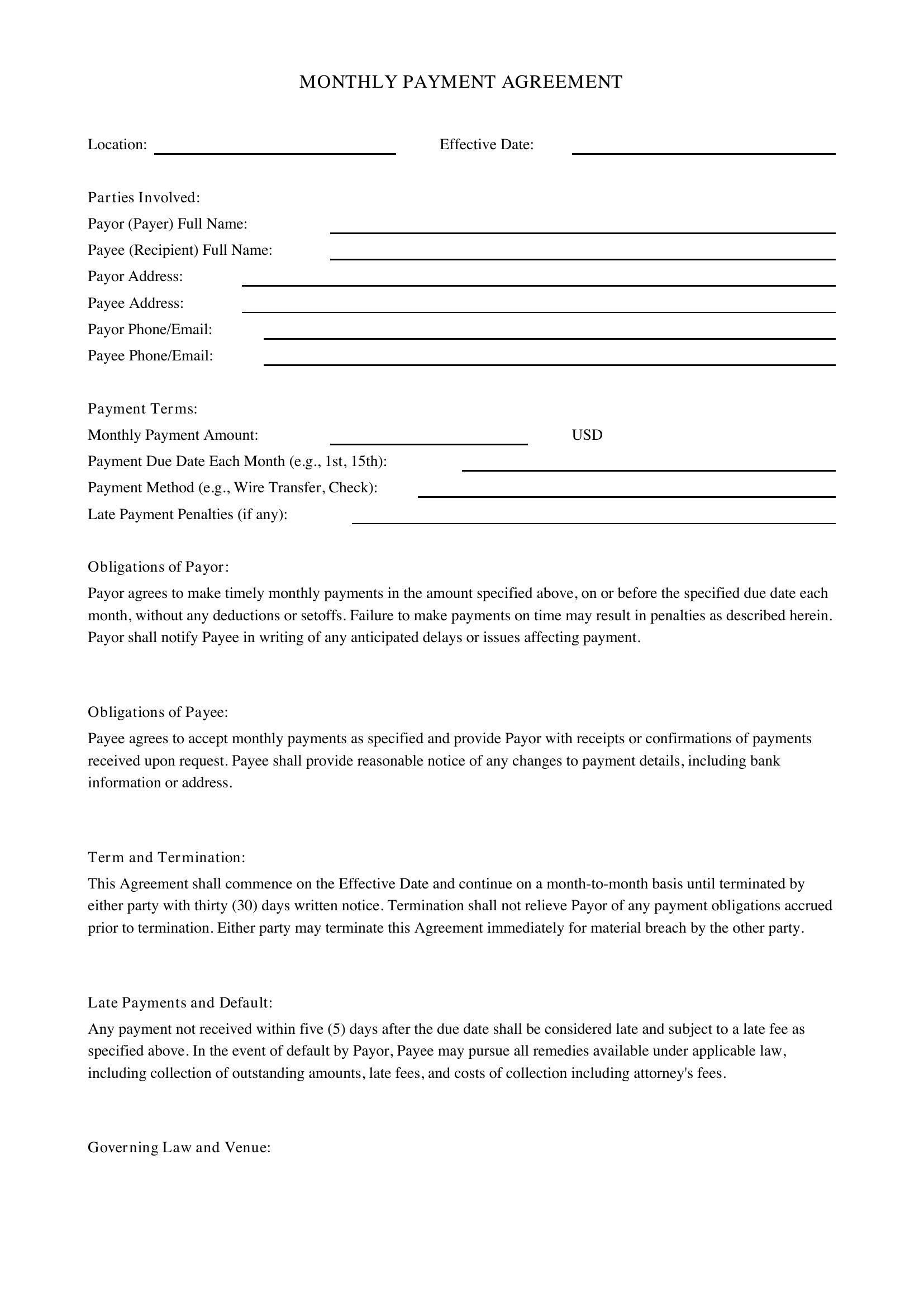 Monthly Payment Agreement Template