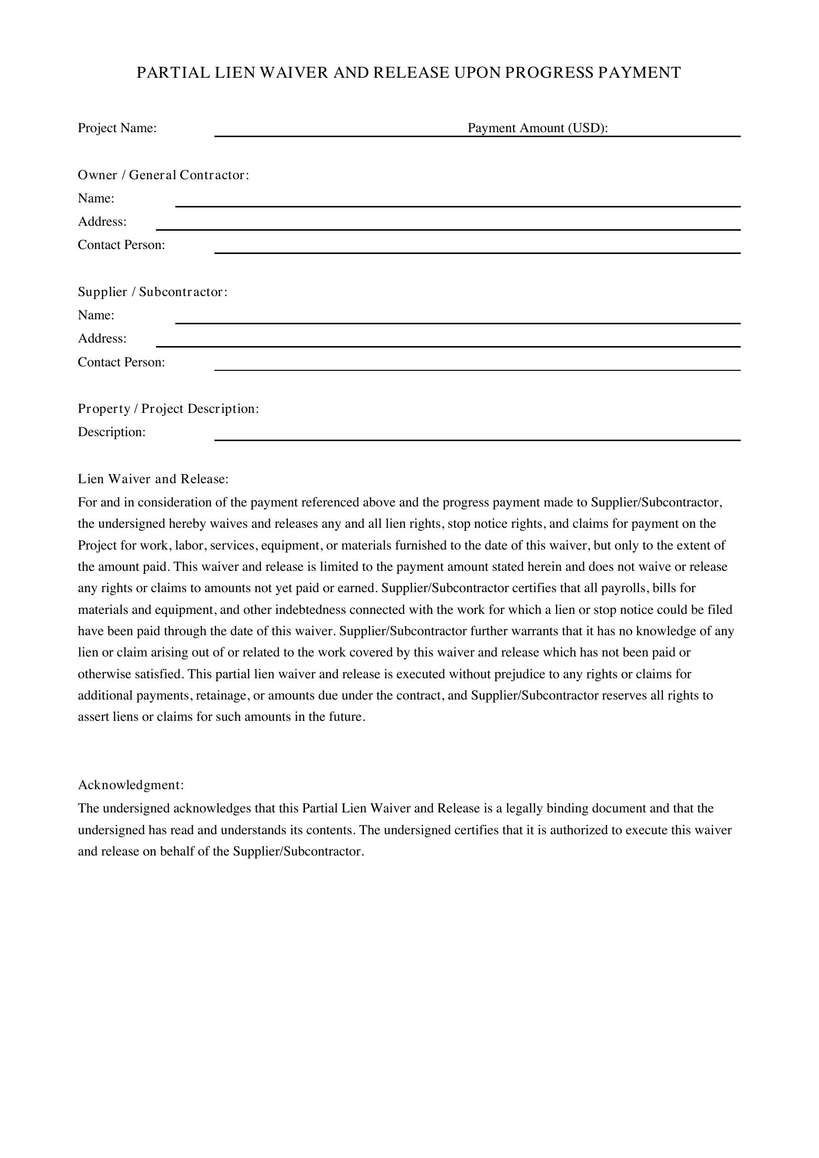 Partial Lien Waiver Template