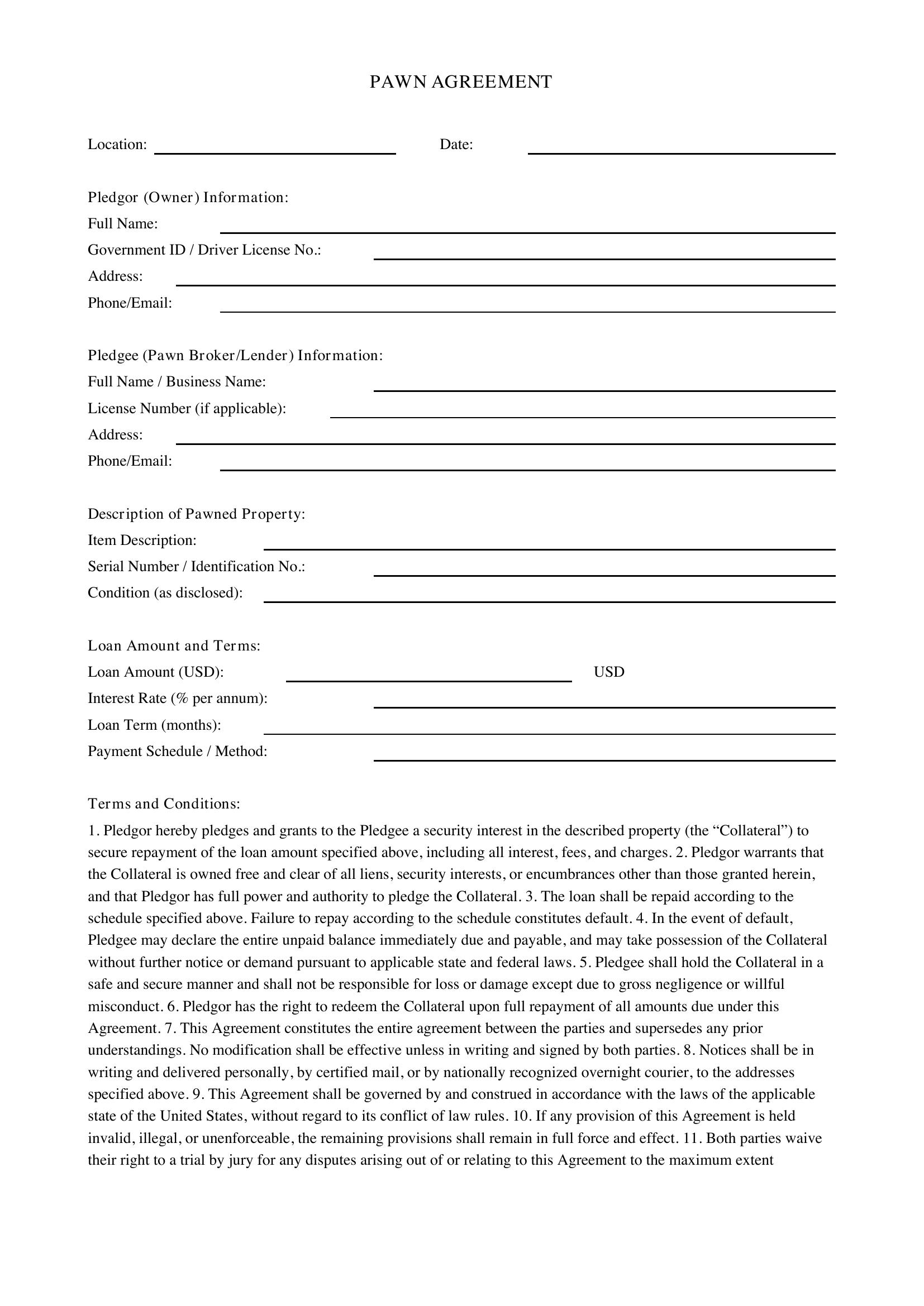 Pawn Agreement Template