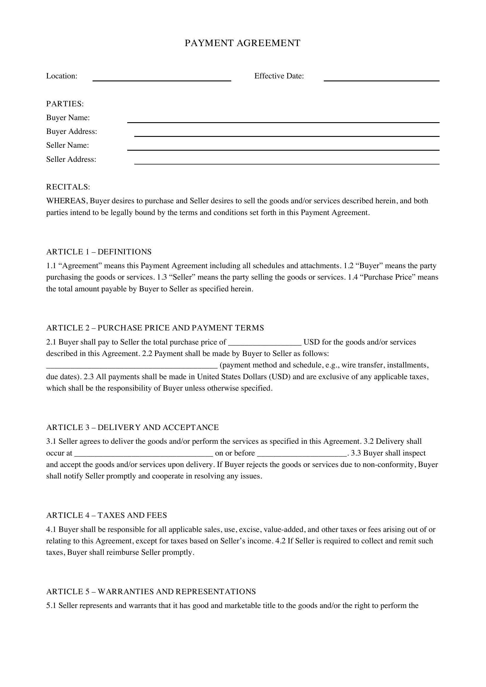 Payment Agreement Template