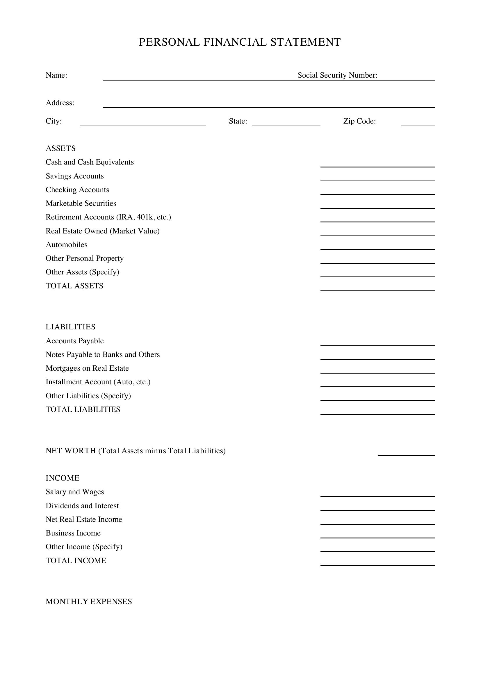 Personal Financial Statement Template