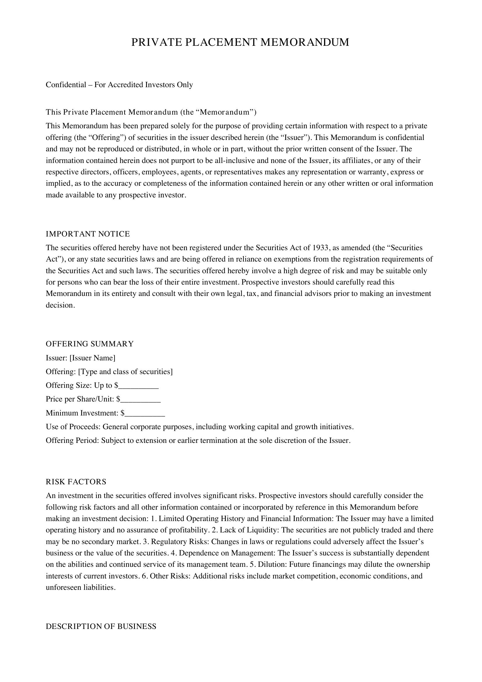 Private Placement Memorandum Template