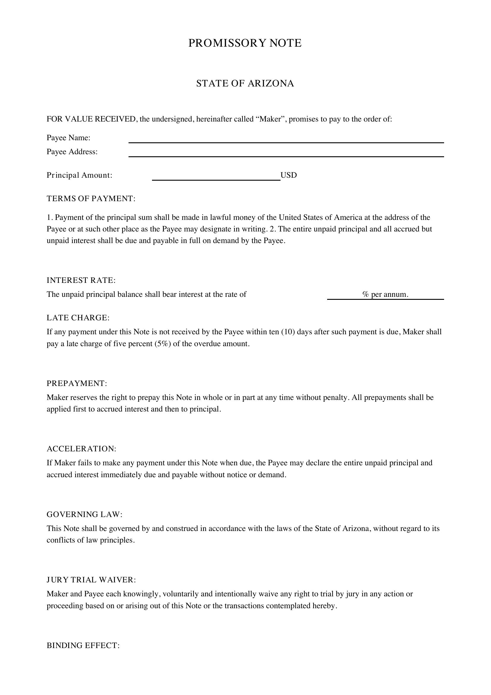 Promissory Note Template Arizona