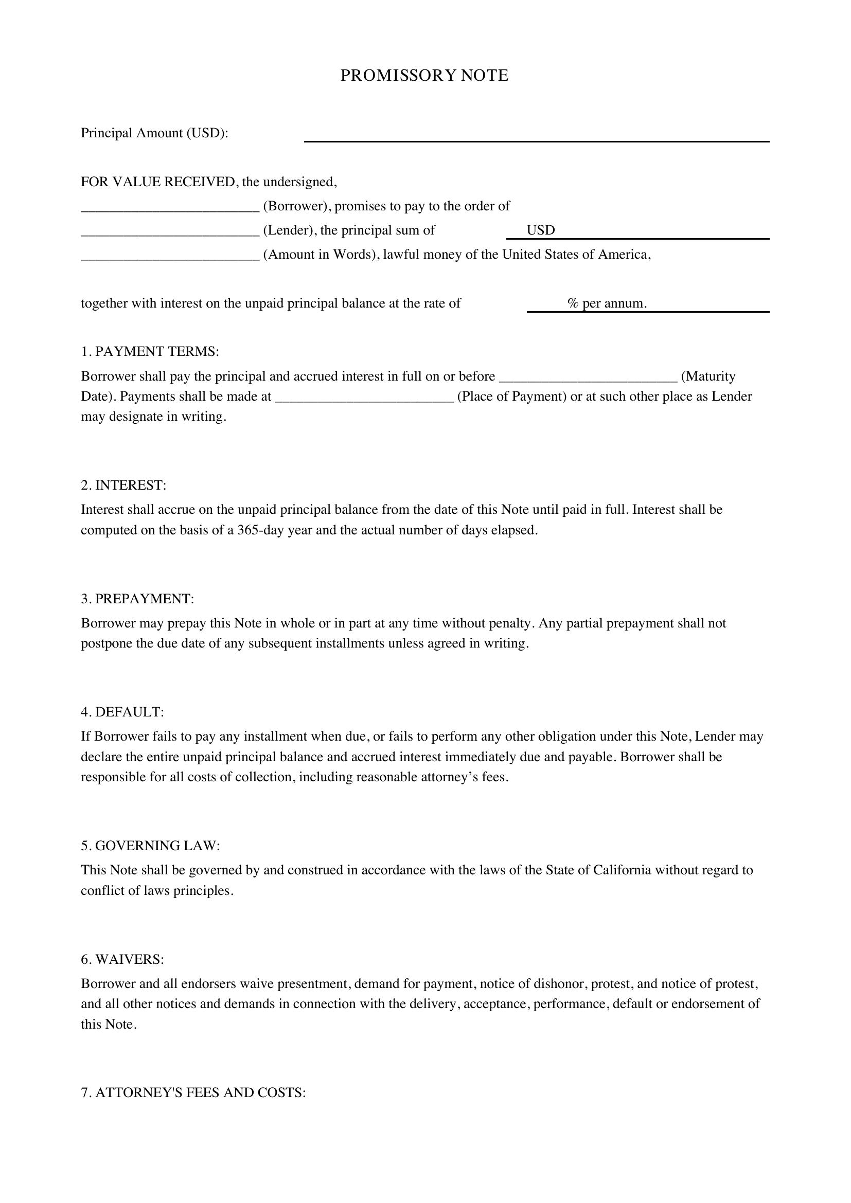 Promissory Note Template California