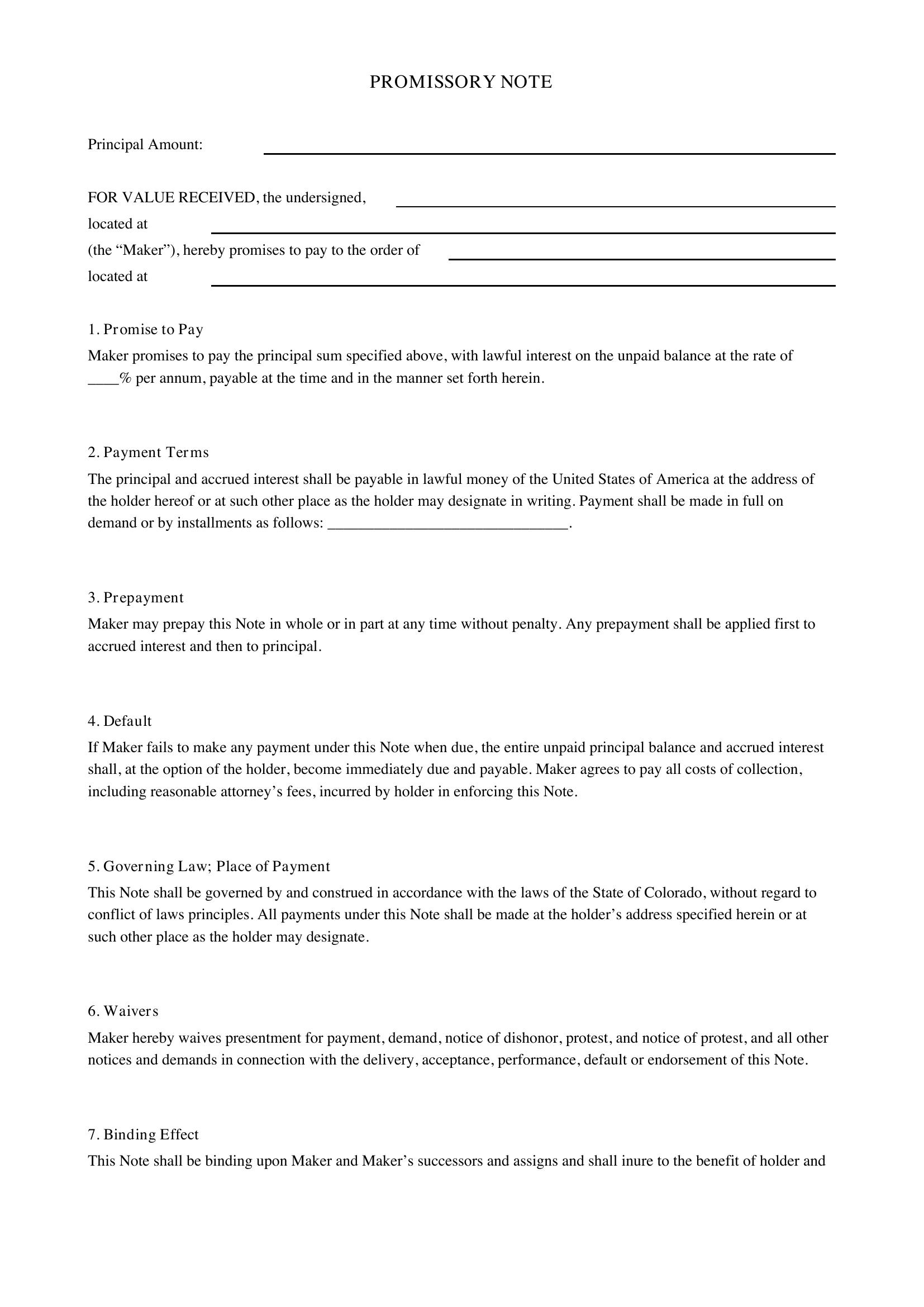 Promissory Note Template Colorado